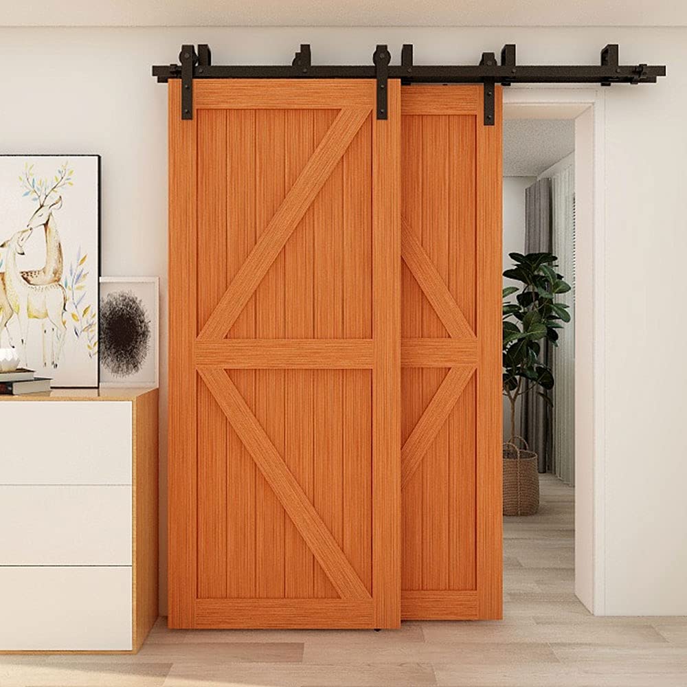 12FT Bypass Sliding Barn Door Hardware Kit for Double Wooden Doors - Smooth Quiet Operation with J-Shape Hangers - Easy DIY Installation - Perfect for Bedrooms, Closets & Farmhouse Style Homes
