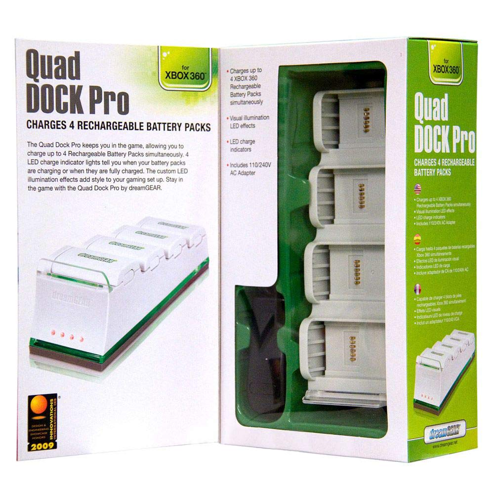 dreamGEAR Xbox 360 Quad Dock Pro Charging Station (White) - Charge 4 Controllers Simultaneously for Gaming Parties & Multiplayer Sessions