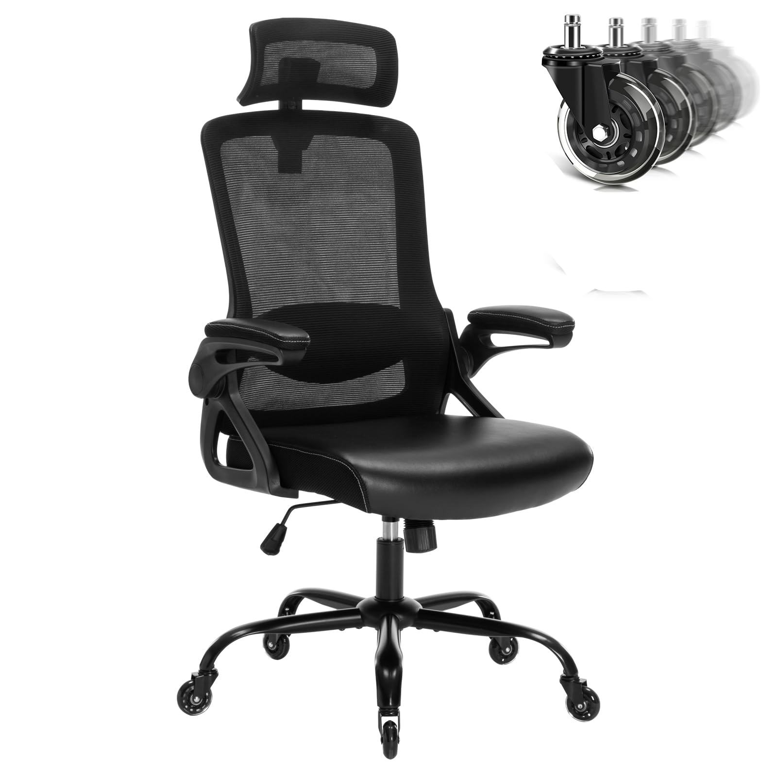 Ergonomic Office Chair with Adjustable Lumbar Support - High Back Mesh Desk Chair with Blade Wheels for Home Office - Perfect for Long Hours of Comfortable Work and Video Conferencing