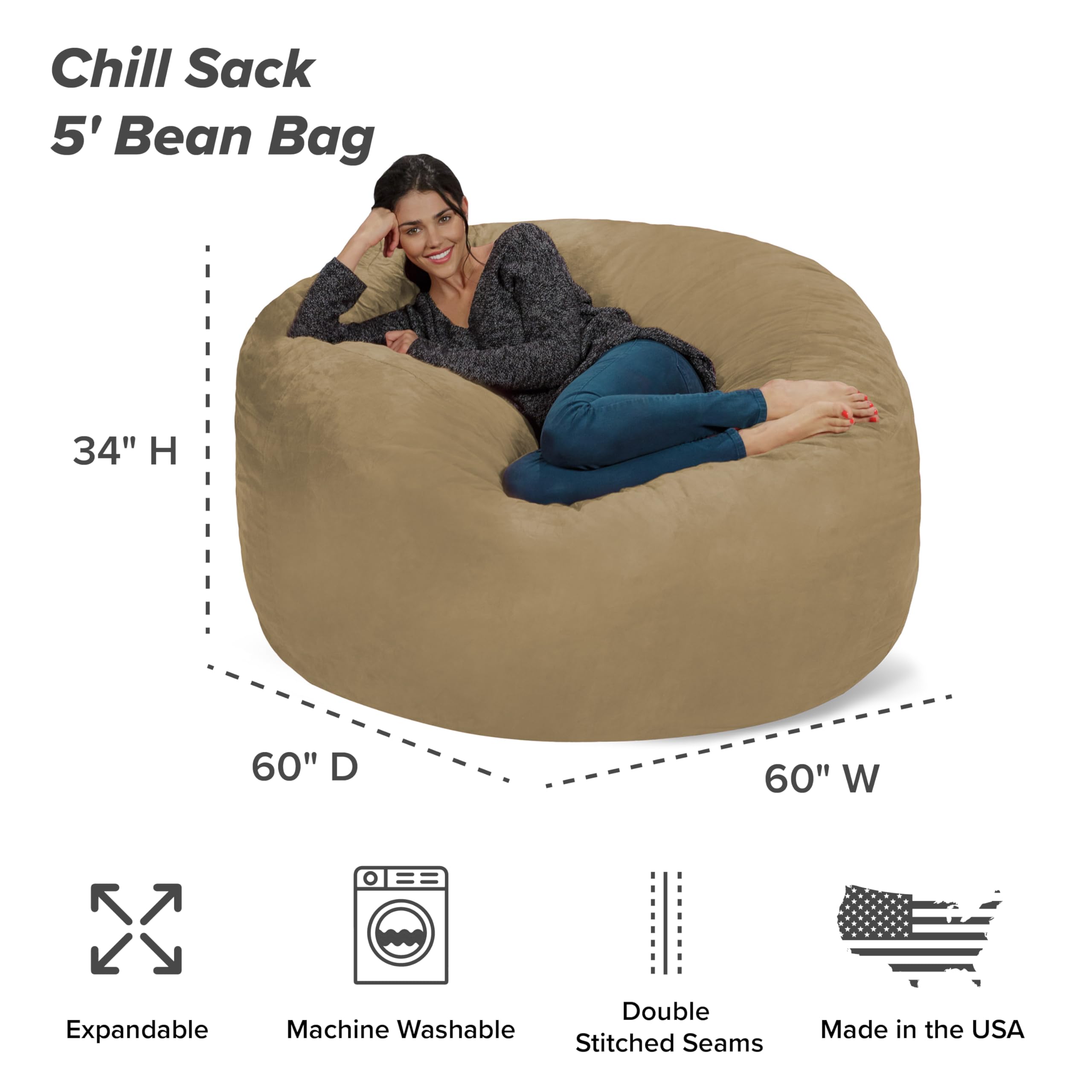 Chill Sack 5' Giant Memory Foam Bean Bag Chair - Oversized Sofa with Soft Microfiber Cover (Khaki) - Perfect for Living Rooms, Game Rooms & Dorm Relaxation