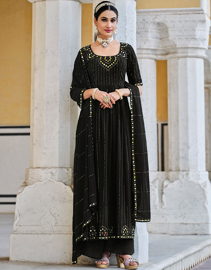 Elegant Black Georgette Palazzo Anarkali Dress for Women - Perfect for Parties, Weddings & Festive Occasions