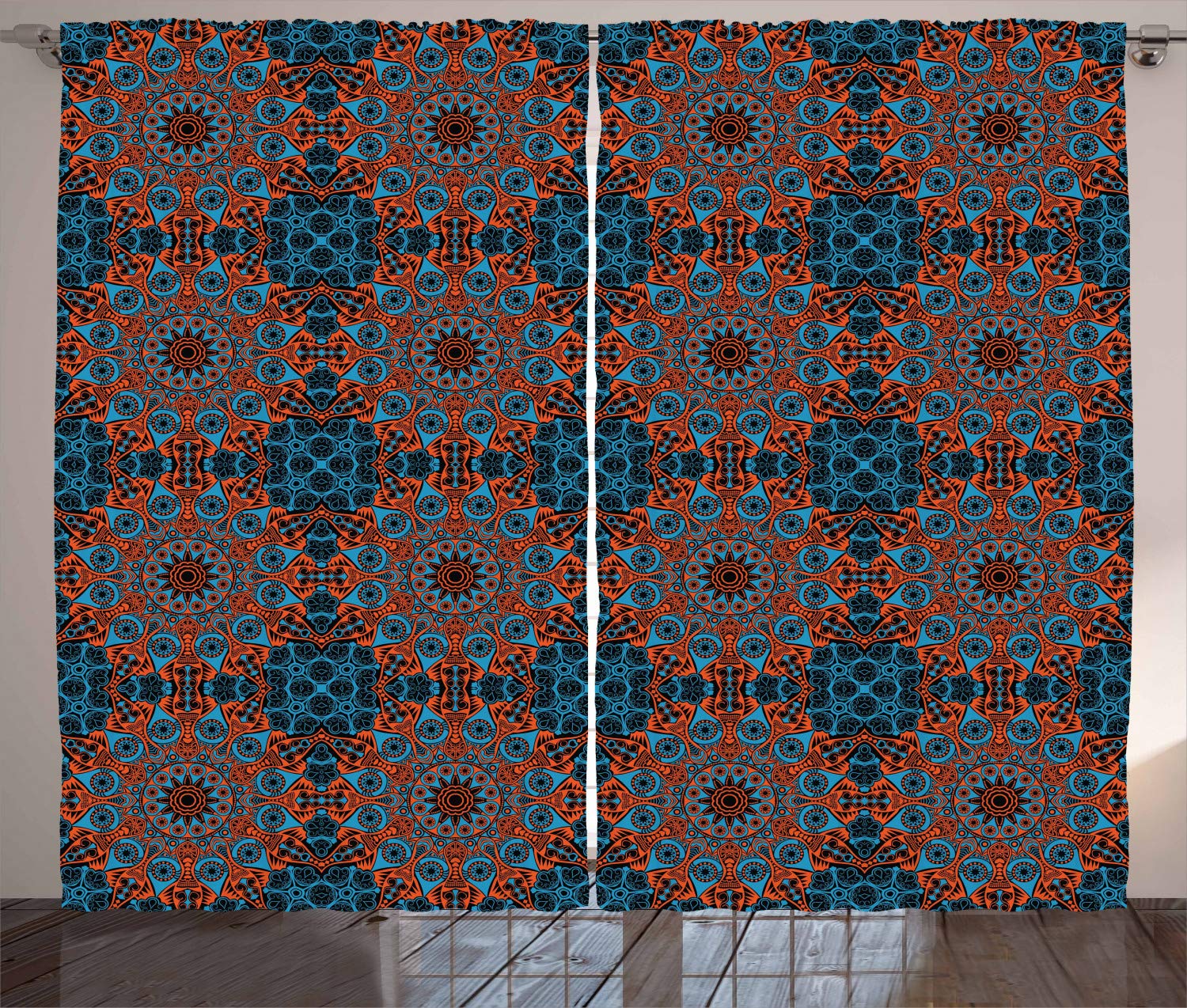 Ambesonne Mandala Curtains - Ornate Lace Chinese Pattern with Circles, Swirls and Floral Design, 2 Panel Window Drapes for Living Room & Bedroom, 108