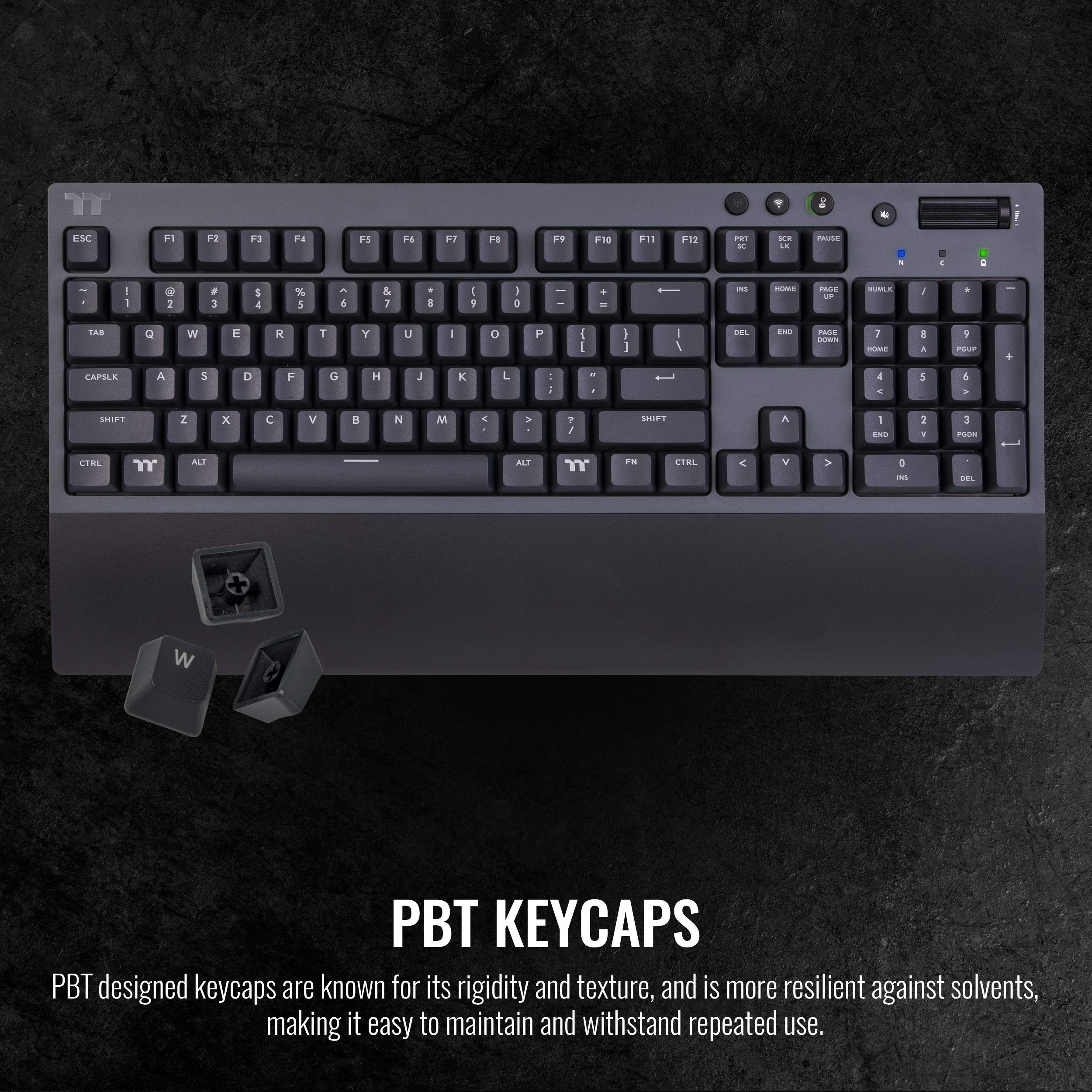Thermaltake W1 Wireless Mechanical Gaming Keyboard - Cherry MX Blue Switches, 2.4GHz & Bluetooth 4.2 Dual Mode, Low Energy Tech, USB Type-C (Titanium Gray) - Perfect for PC Gaming, Office Work & Streaming Setup