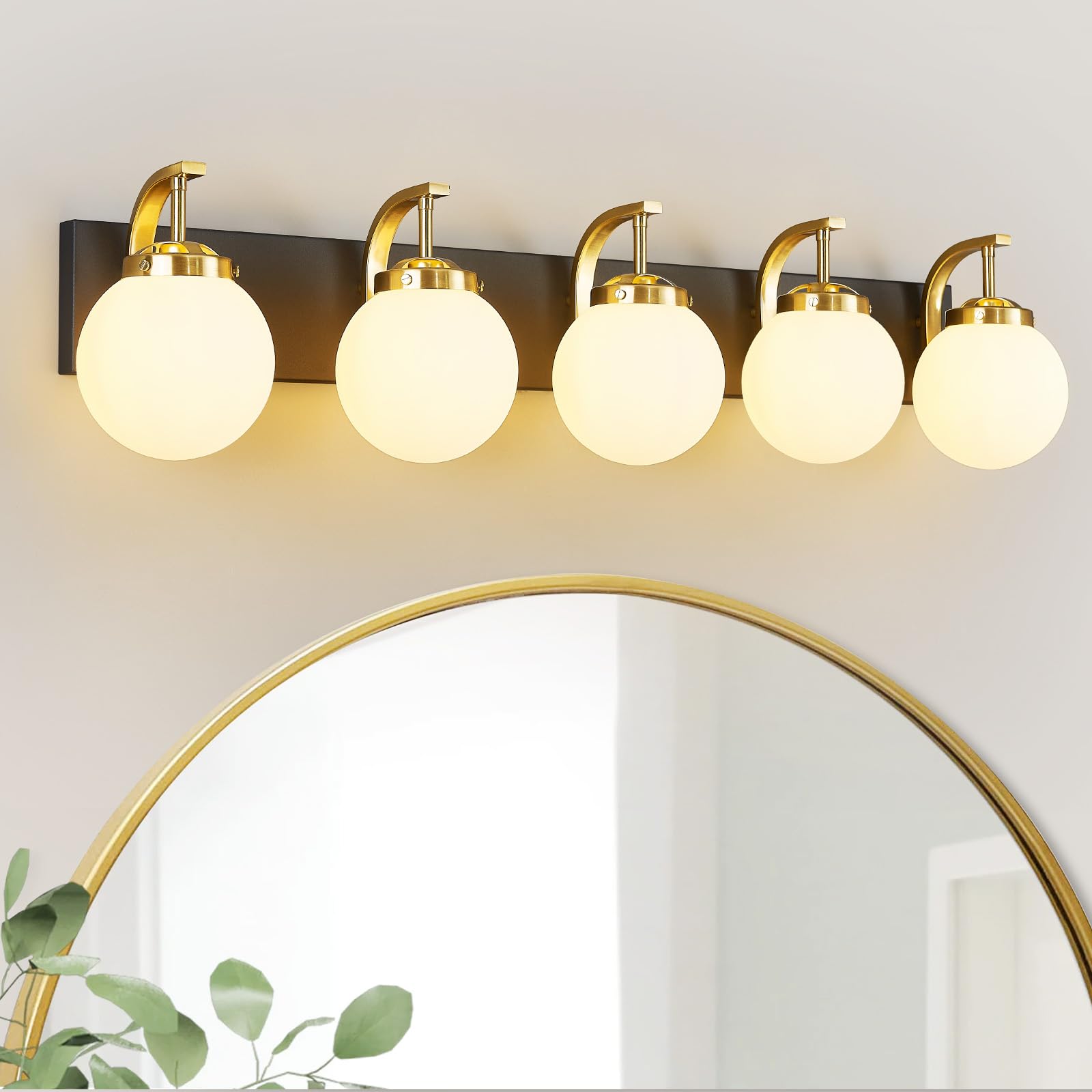 5-Light Modern Bathroom Vanity Light Fixture - Sand Black Gold Finish with Milk White Glass Globe Shades - Perfect for Bathroom Mirror Lighting, Living Room, Dining Room, Corridor & Powder Room Decor