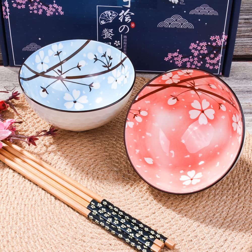 Premium Japanese Ceramic Rice Bowls - Set of 2 Sushi Bowls for Nuts, Sauces & Snacks (Blue & Pink) - Perfect for Sushi, Asian Cuisine & Home Dining