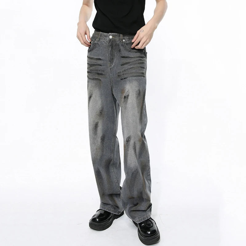 Vintage American Style Men's Denim Jeans - Distressed Washed Straight Leg Pants with Contrast Paint Design for Fall 2024 | Casual Wear, Street Style, Everyday Outfits