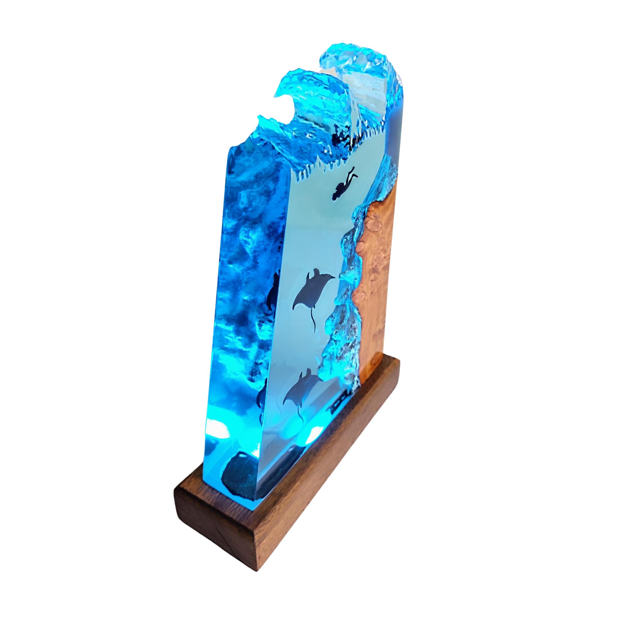 **Manta Ray and Diver Scuba Resin Wood Lamp – Deep Blue Sea Night Light, Ocean Theme Diorama Decor, Large Epoxy Resin Table Lamp for Bedroom, Living Room, Office – Unique Gift for Men & Women (12x6 Inches)**