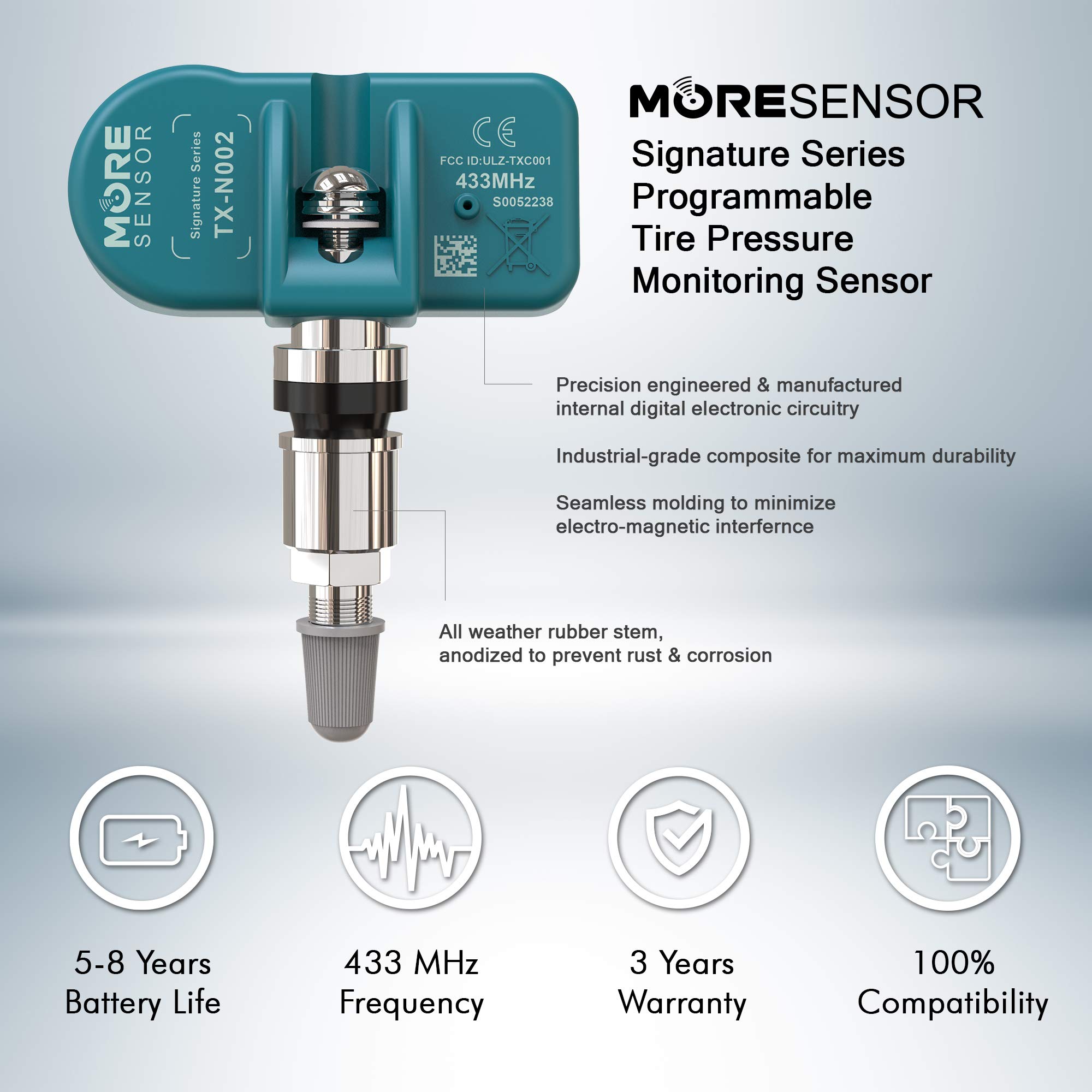 MORESENSOR Signature Series 433MHz Universal Programmable TPMS Tire Pressure Sensor 10-Pack | Clamp-in Aluminum Valve | TX-N002-10 | Compatible with Cars, Trucks & SUVs | Easy DIY Installation for Better Fuel Efficiency & Safety