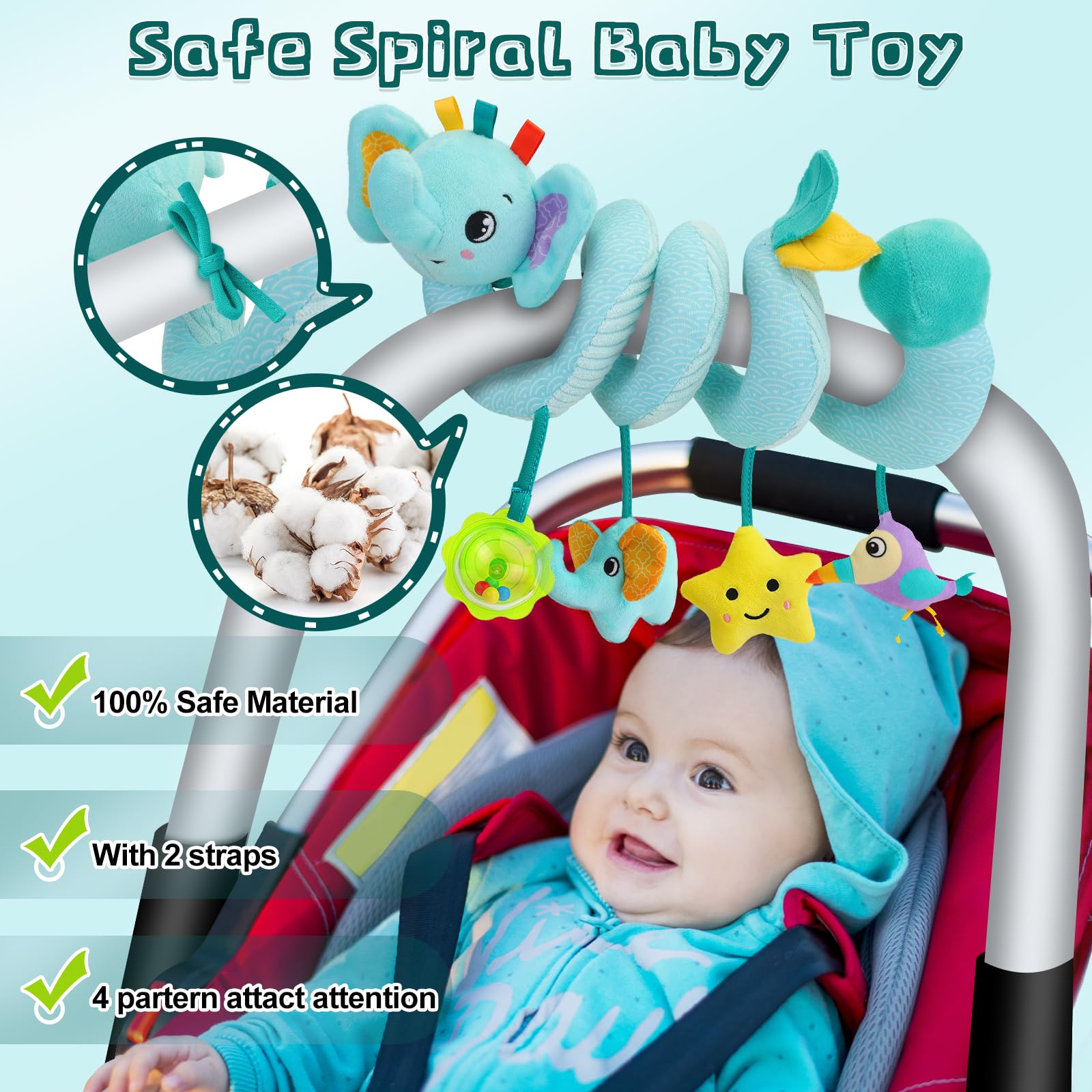 FPVERA Spiral Car Seat Activity Toy - Baby Crib Hanging Toy with Rattle, Squeaker & Bell for Bassinet, Stroller, Infant Car Seat | Newborn Developmental Toy for Boys & Girls 0-12 Months | Perfect for Road Trips, Stroller Walks & Nursery Playtime