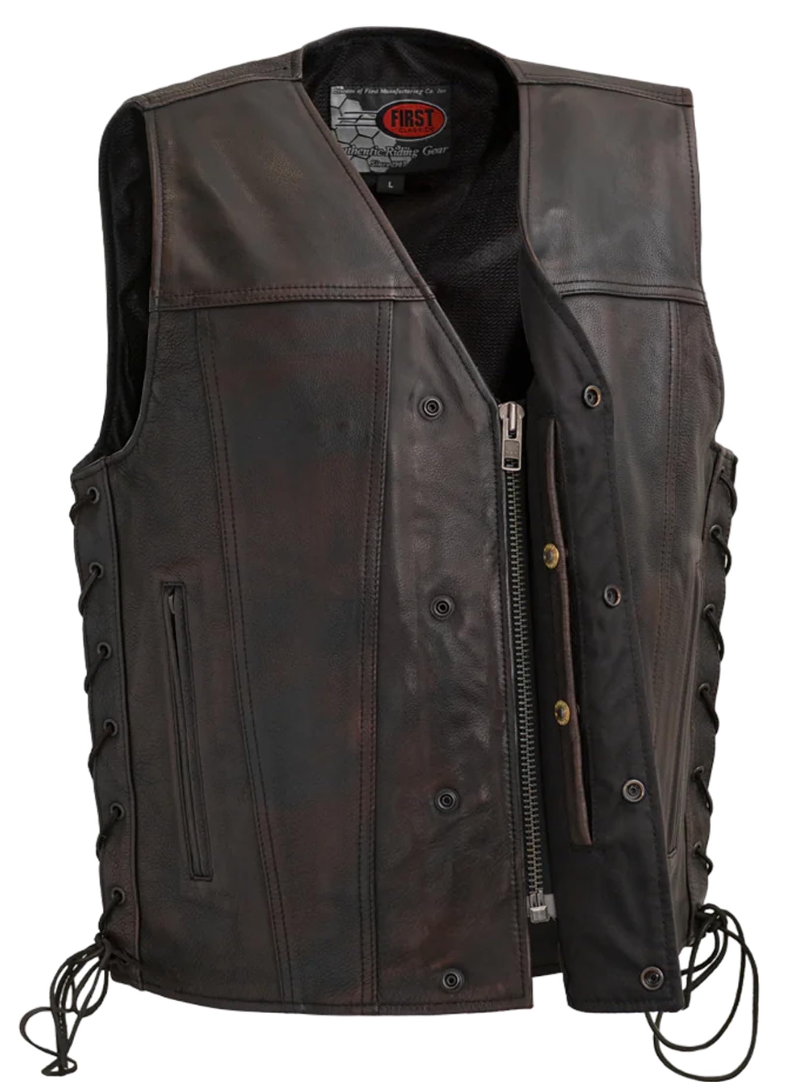 First Mfg Co High Roller Men's Motorcycle Leather Vest for Bikers - Durable Riding Gear for Harley Davidson & Cruiser Motorcycles - Perfect for Road Trips, Bike Rallies & Casual Wear