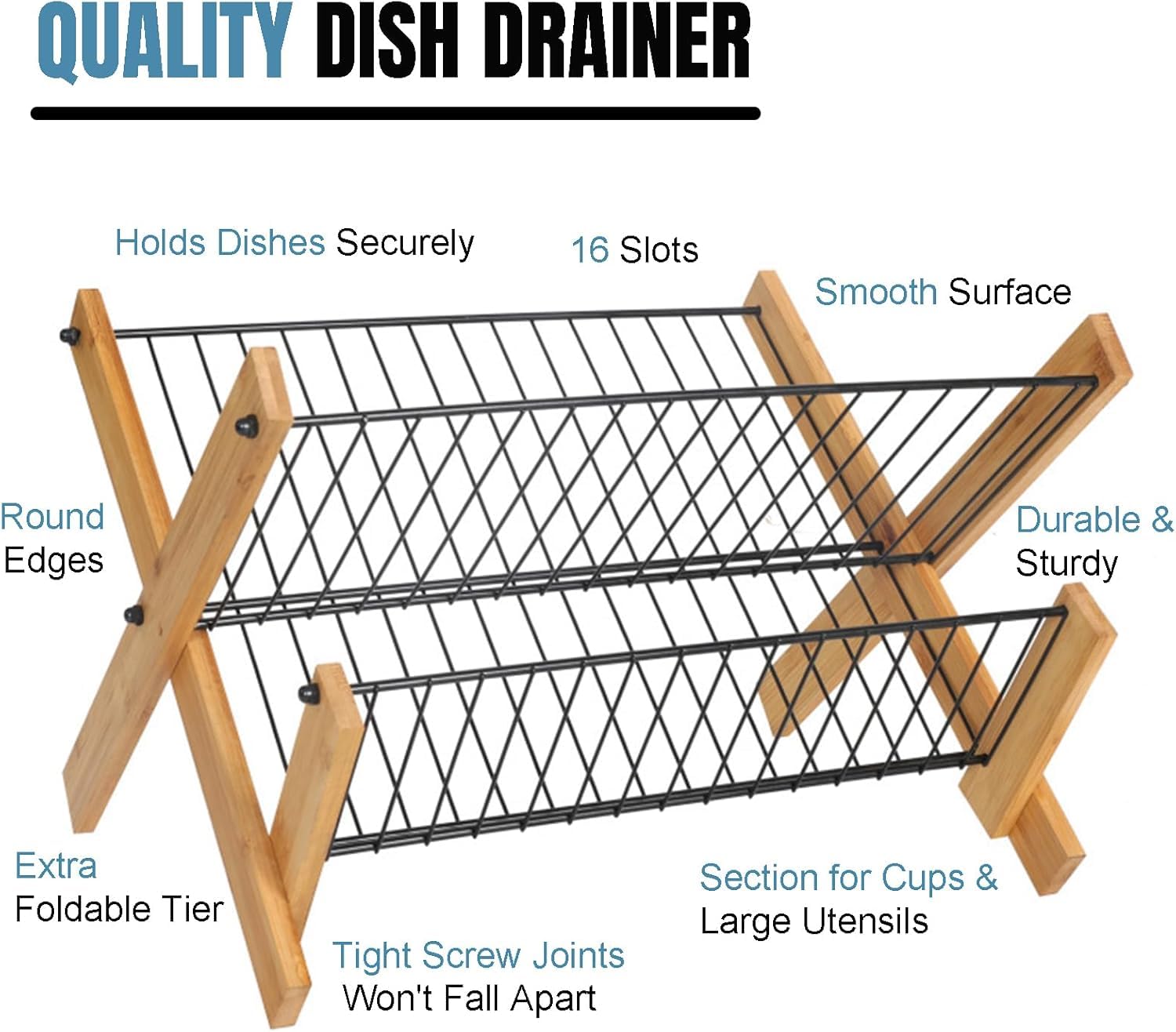 Premium 2-Tier Foldable Bamboo Dish Drying Rack with Stainless Steel Frame - Space Saving Kitchen Counter Organizer for Plates, Bowls & Utensils - Perfect for Small Apartments, RVs & Compact Kitchens (Model SS-01)