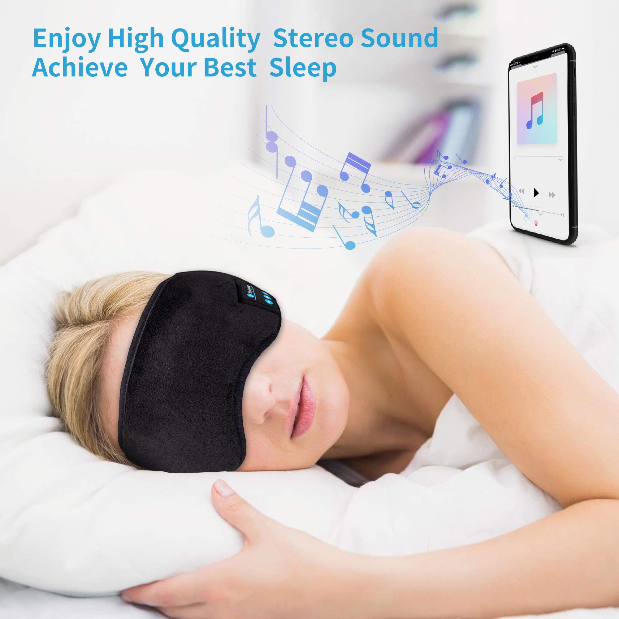 Joseche Bluetooth Sleep Mask with Built-in Headphones - Wireless 4.2 Sleep Eye Mask with Speakers & Mic for Travel, Meditation & Relaxation | Washable & Comfortable for Night Use, Airplane Sleeping & Nap Time