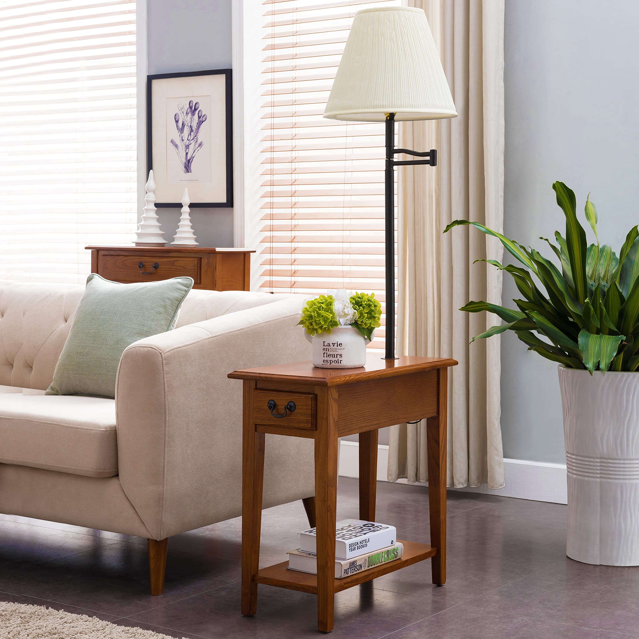 Haven Ridge Solid Wood Side Table with Built-In Swing Arm Lamp and Drawer - Medium Oak Brown Nightstand for Bedroom, Living Room, Entryway - Compact End Table for Small Spaces by Leick Home (Model 9037-MED) - Perfect for Reading Nook, Studio Apartment & Cozy Corners