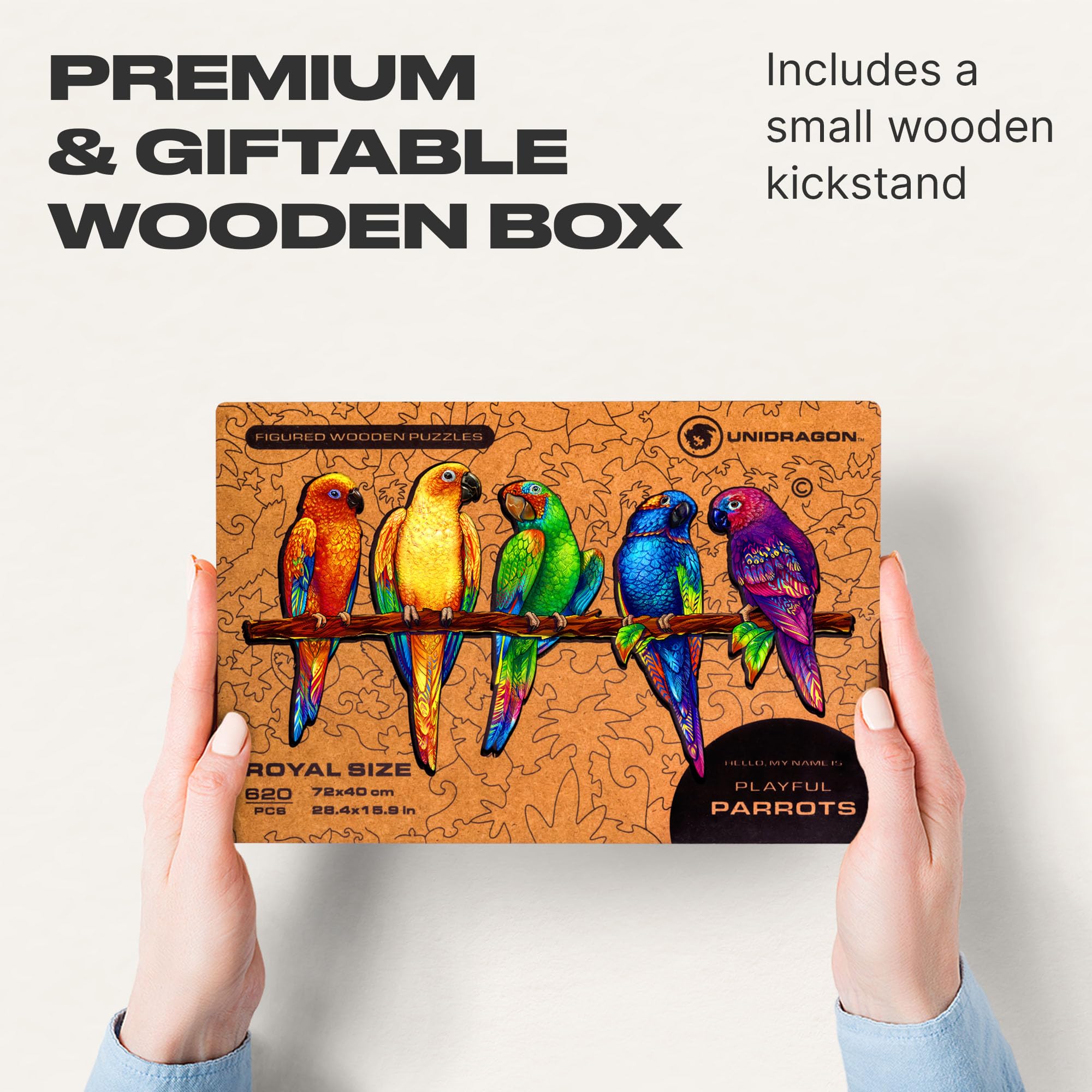 UNIDRAGON Original Wooden Jigsaw Puzzle - Playful Parrots 620 Pieces, Large 28.4
