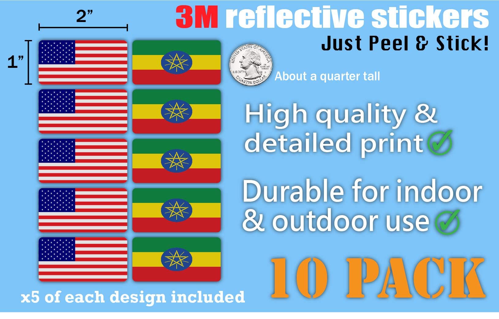 3M Reflective Ethiopia and US Flag Stickers (10-Pack) - High Visibility Safety Decals for Hard Hats, Laptops, Bikes & Toolboxes - Perfect for Night Safety, Work Zones and Patriotic Displays