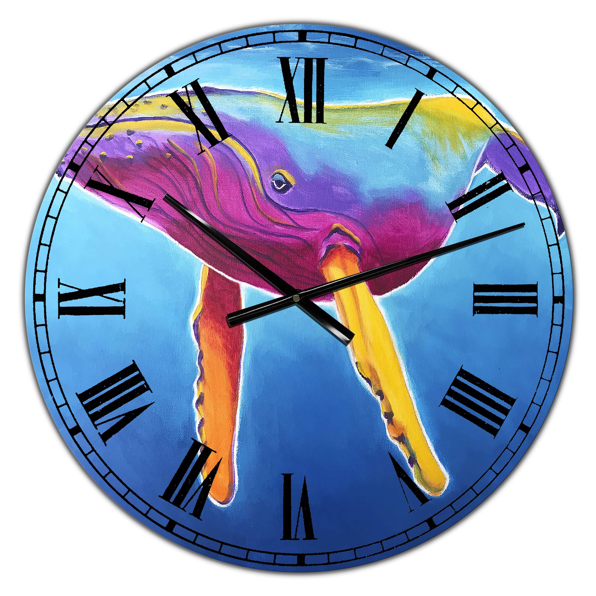 DesignQ Nautical Coastal Wall Clock - Humpback Whale Rainbow Design, Large Modern Wall Clock for Home Office Decor | Perfect for Beach House, Living Room & Coastal Themed Spaces