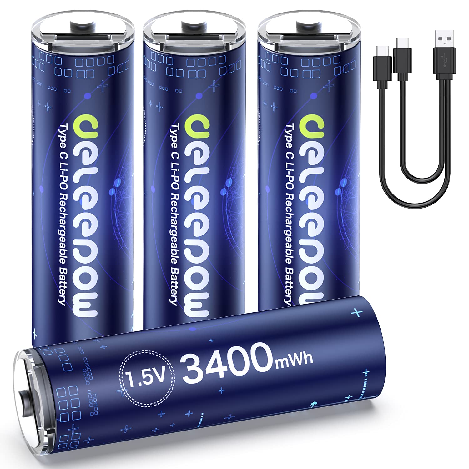 Deleepow USB-C Rechargeable AA Lithium Batteries 3400mWh 4-Pack - 1500 Cycles with Fast Charging Cable for Cameras, Flashlights, Game Controllers & Smart Home Devices