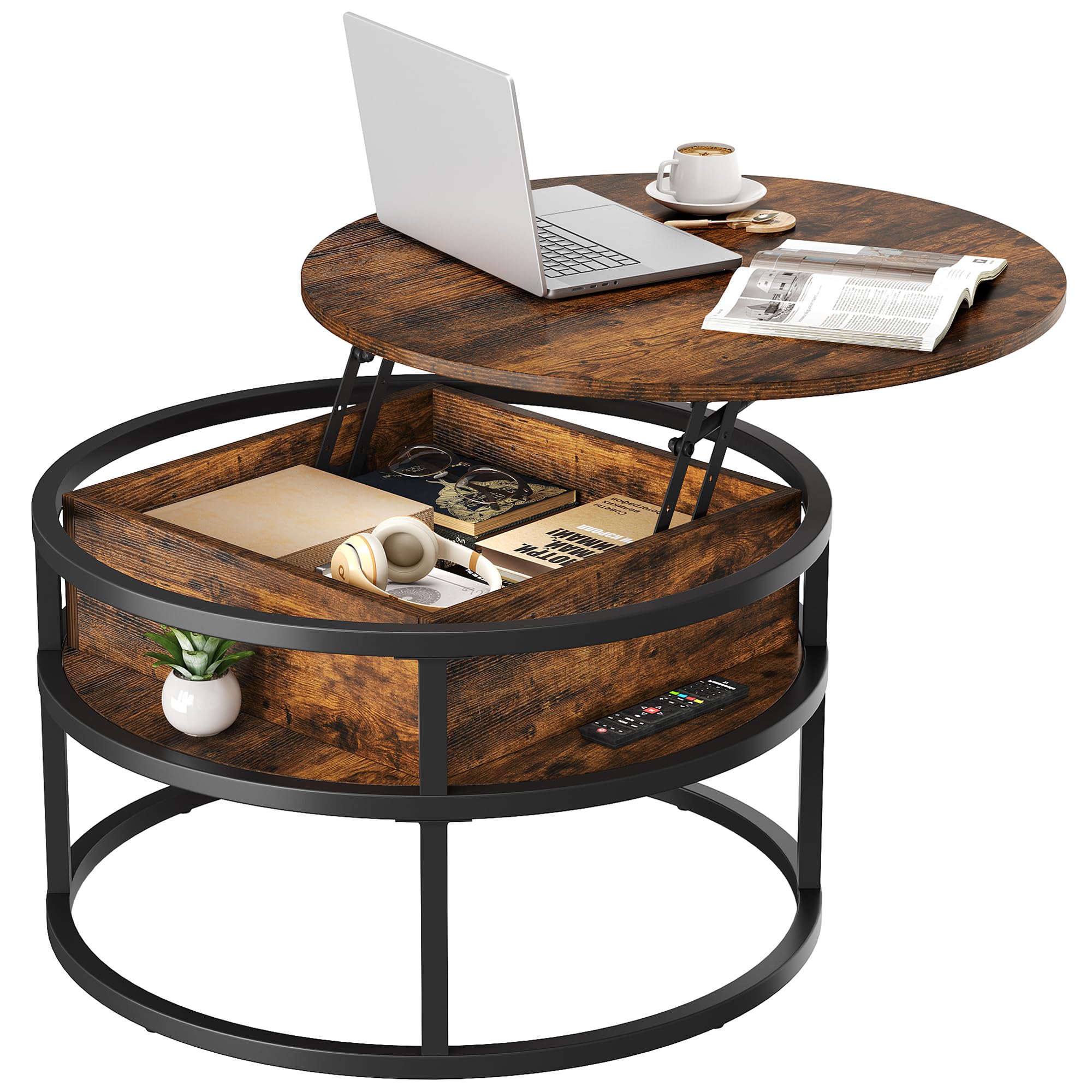 YITAHOME Round Lift Top Coffee Table with Hidden Storage Compartment - Modern Wood Center Table for Living Room, Home Office - Rustic Brown | Perfect for Small Spaces, TV Lounging & Entertaining Guests