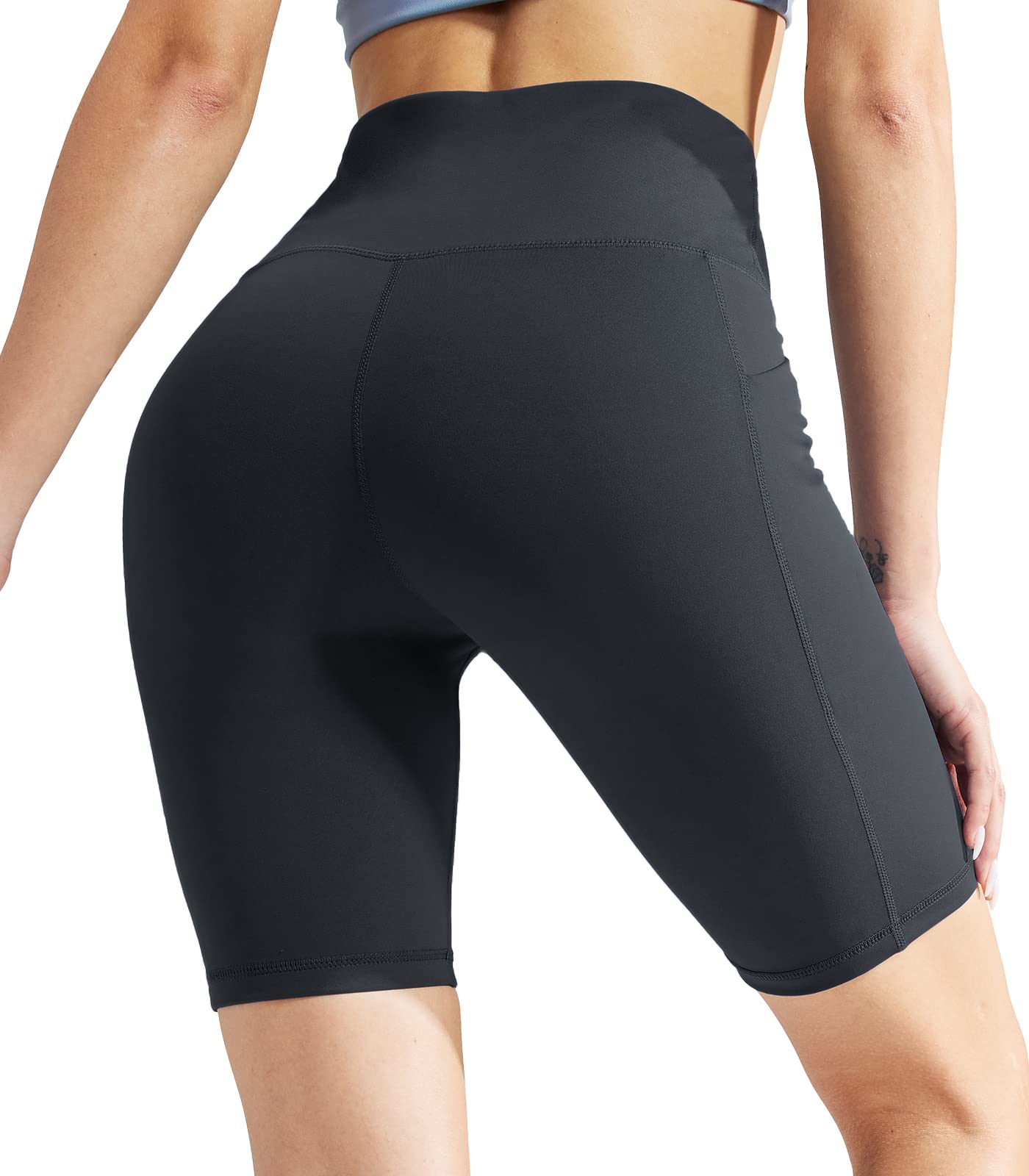 MIER Women's High Waist Yoga Shorts - 8 Inch Compression Biker Shorts with Side Pockets & Tummy Control for Workout, Running, Gym & Lounge Wear