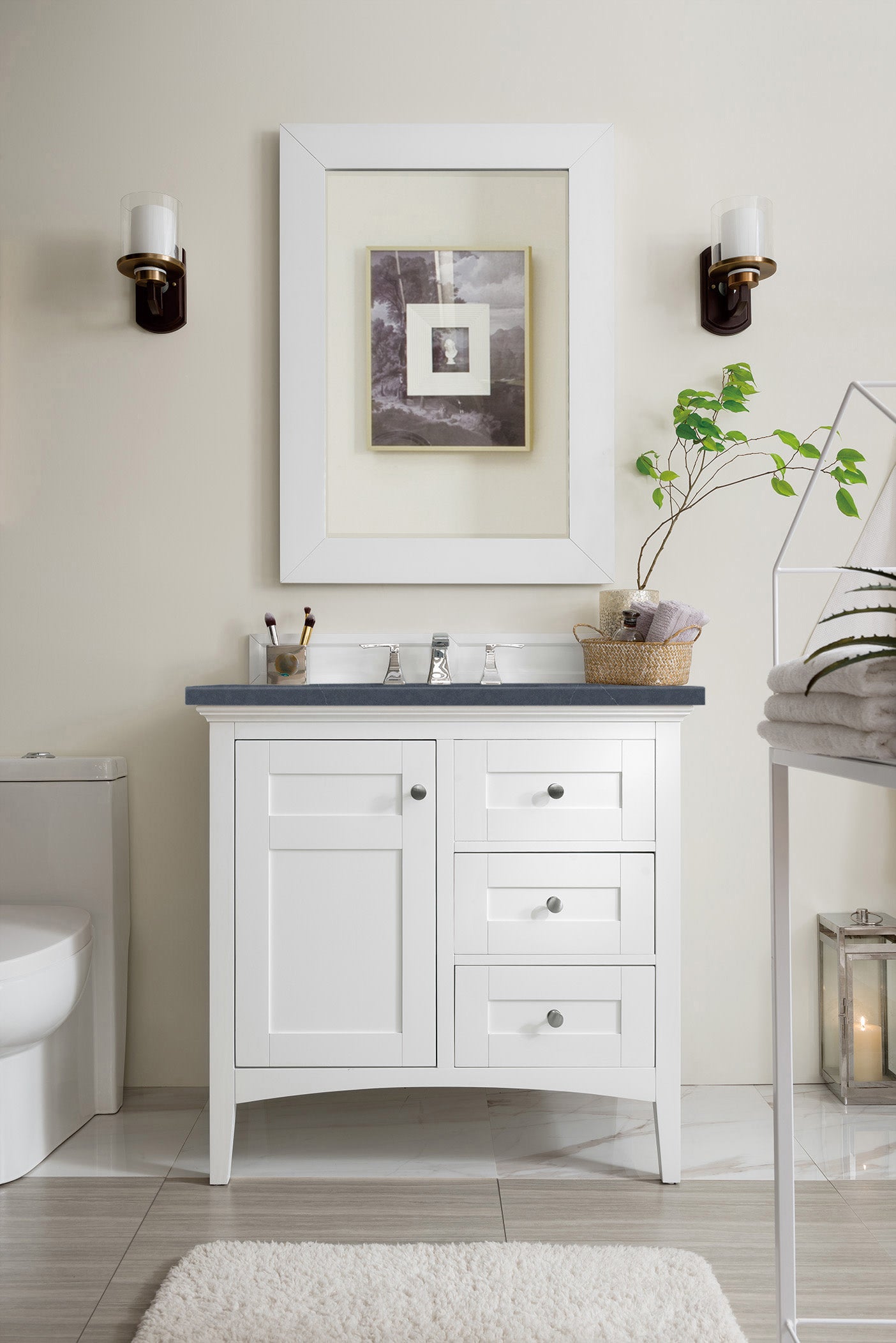 Palisades 36 Inch Single Bathroom Vanity Set with 3CM Charcoal Soapstone Quartz Countertop - Bright White Finish for Modern Bathroom Remodeling & Home Upgrade