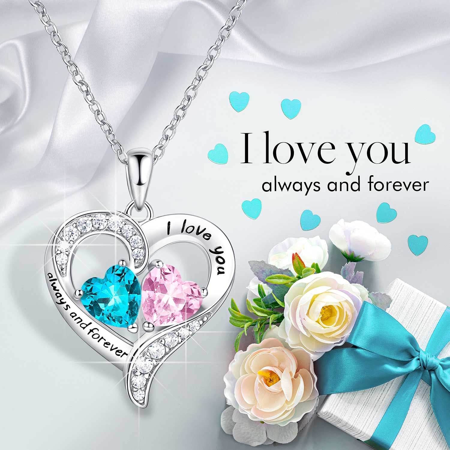 BlingGem Heart Necklaces for Women - 925 Sterling Silver Birthstone Necklace with 2 Custom Birthstones, Personalized Pendant Jewelry Gift for Wife, Mom, Girlfriend - Perfect for Valentine's Day, Anniversary, Mother's Day & Birthday Gifts