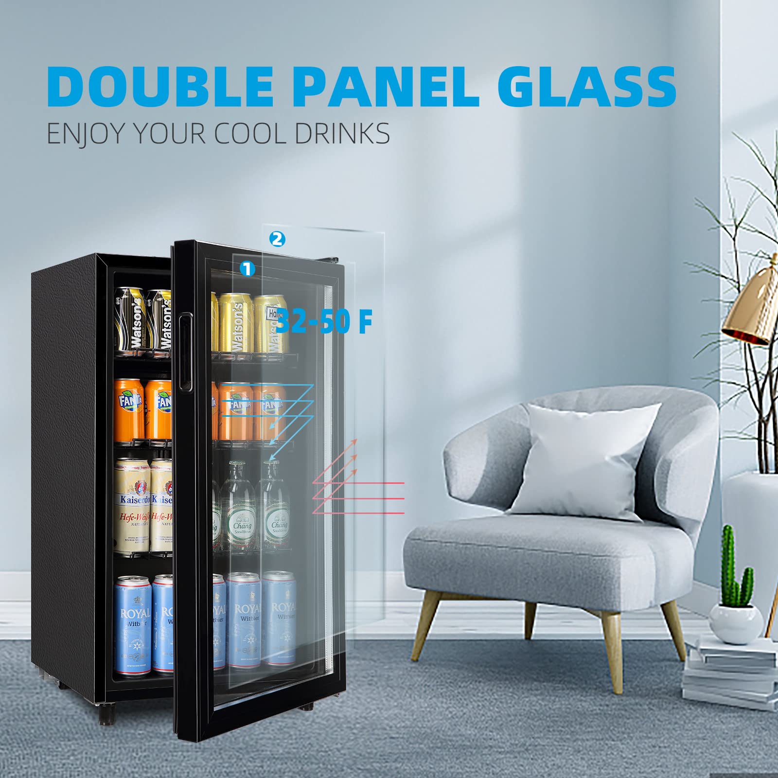 WANAI 125 Can Mini Fridge with Glass Door - Compact Beverage Cooler for Beer, Wine & Juice - Adjustable Shelves & LED Lighting - Perfect for Home, Office, Bar & Dorm Room Use