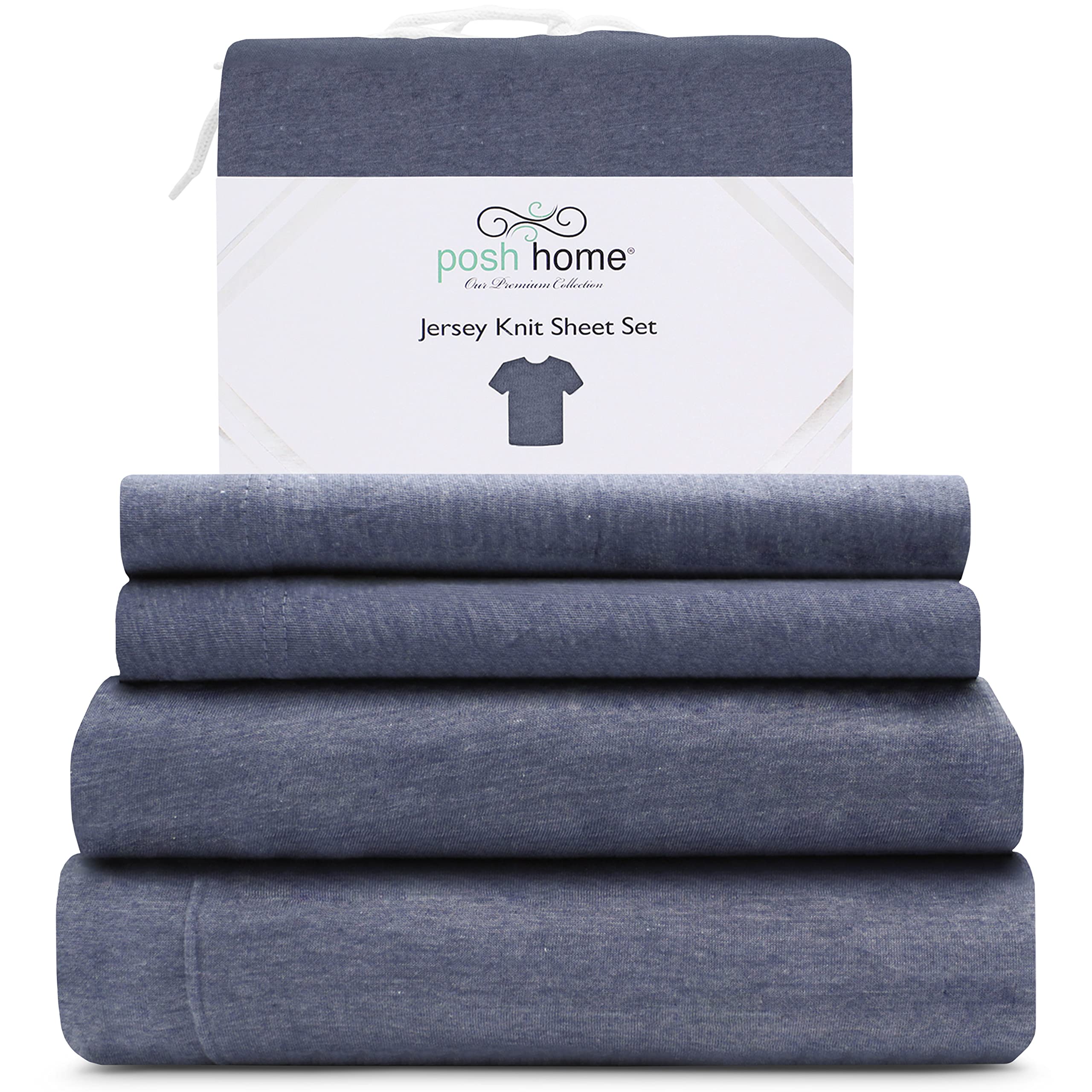 Posh Home Jersey Knit Sheet Set – 3-Piece Soft & Breathable Cotton Jersey Bed Sheets for Twin Size – Includes Flat Sheet, Fitted Sheet & Pillowcase – Navy Blue – Perfect for Cozy Nights & Comfortable Sleep
