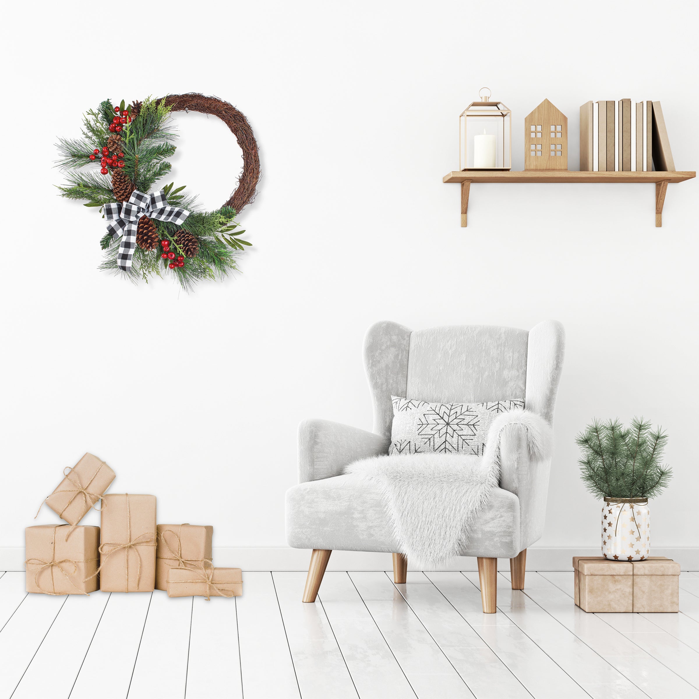 24 Inch Mixed Pine and Berries Christmas Wreath - Holiday Front Door Decor, Fireplace Mantel, and Wall Hanging for Festive Home Decor