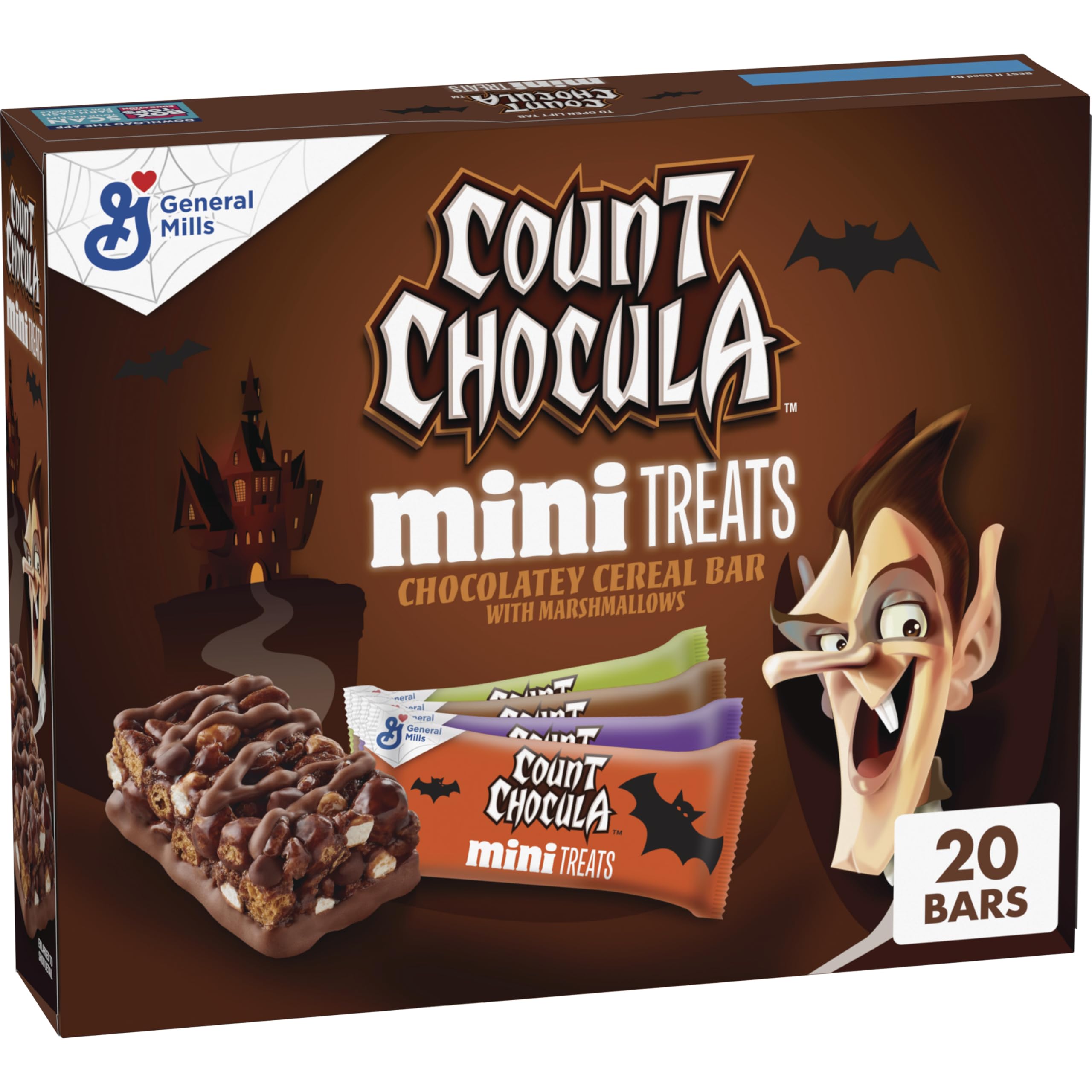 Count Chocula Mini Treat Bars with Marshmallows - 20 Count (10 oz) - Chocolate Cereal Snack Bars for Kids - Perfect for Halloween Parties, Lunchboxes & After-School Treats