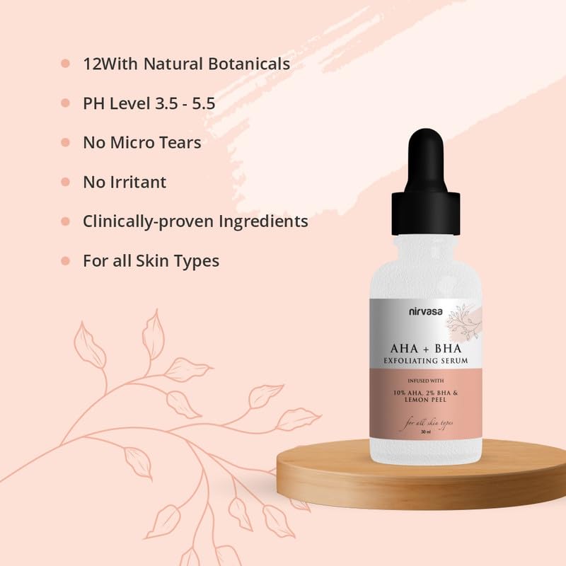 Nirvasa AHA + BHA Exfoliating Serum for Face - 10% Glycolic Acid & 2% Salicylic Acid with Lime Pearl Extract | Deep Cleansing, Pore Minimizing, Dead Skin Removal | Silicone Free, Paraben Free, Vegan & Cruelty Free (30ml) | Perfect for Daily Skincare Routine & Acne-Prone Skin
