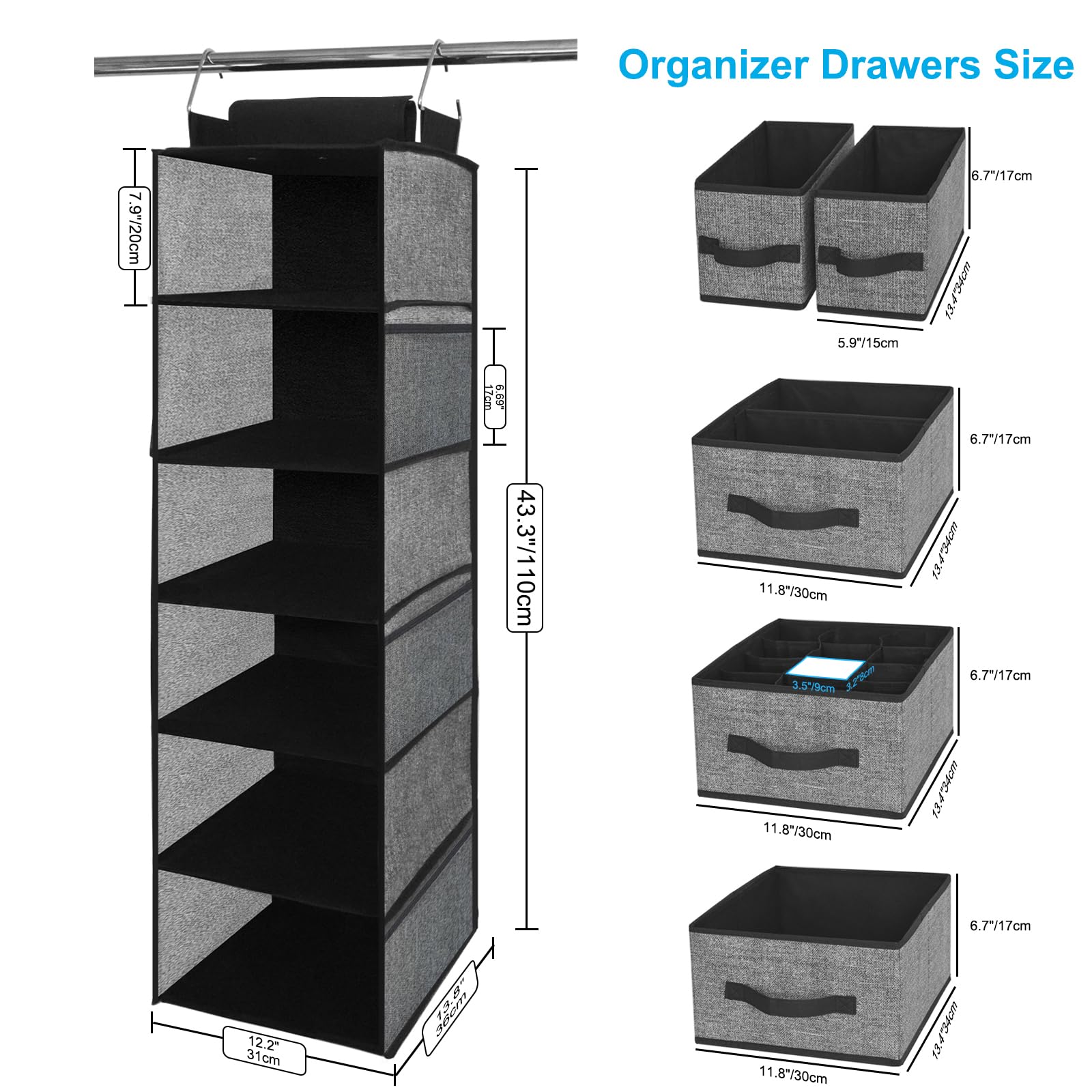 Homyfort 6-Shelf Hanging Closet Organizer with Drawers & Side Pockets - Space Saving Wardrobe Storage for Clothes, Shoes & Accessories - Perfect for Bedroom, Closet & Dorm Organization (Black)