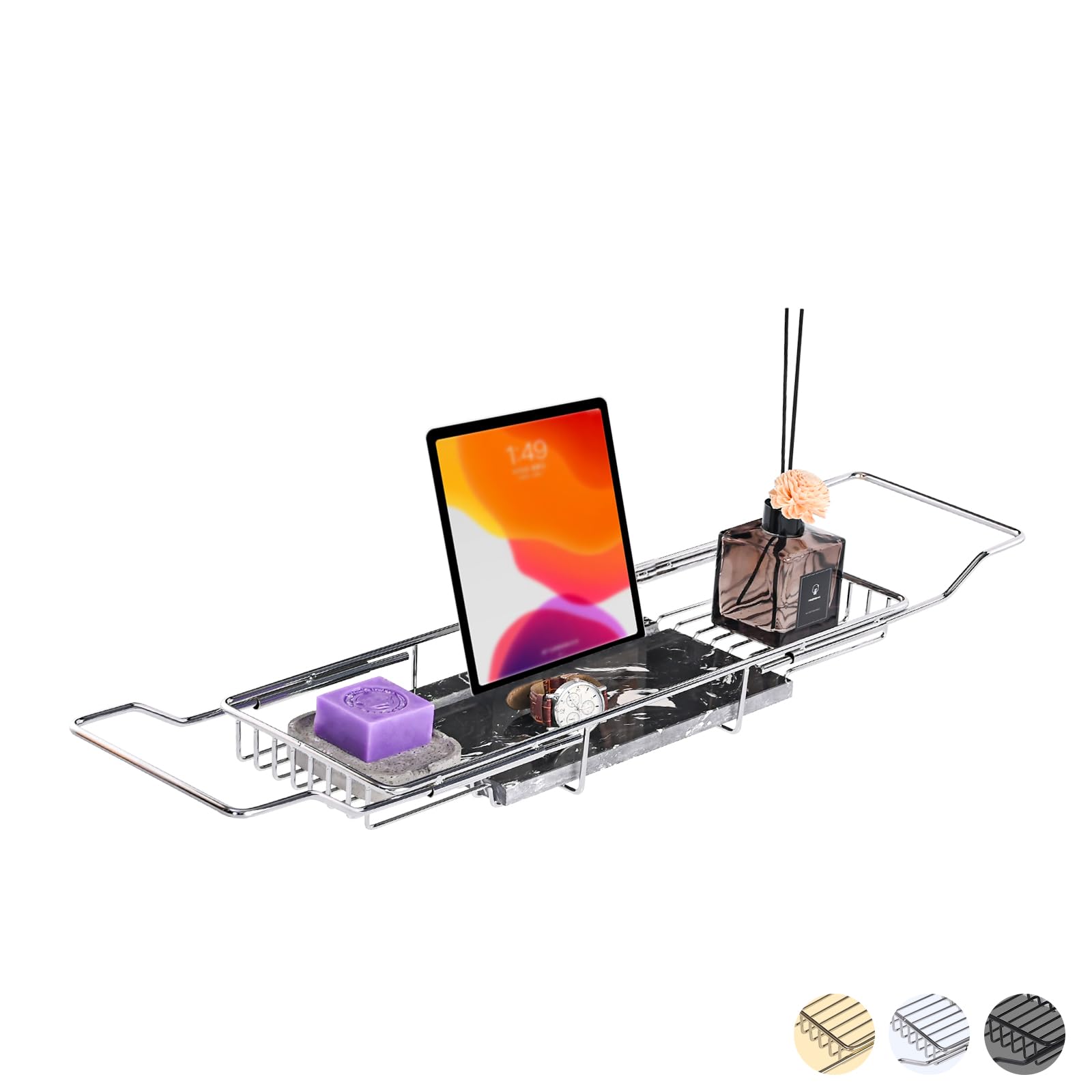 Luxury Expandable Bathtub Tray Caddy with Natural Marble Top & Tablet Stand - Extra Wide Bath Tray for Spa Relaxation, Reading & Wine - Chrome & Black Finish for Home Bathroom Essentials