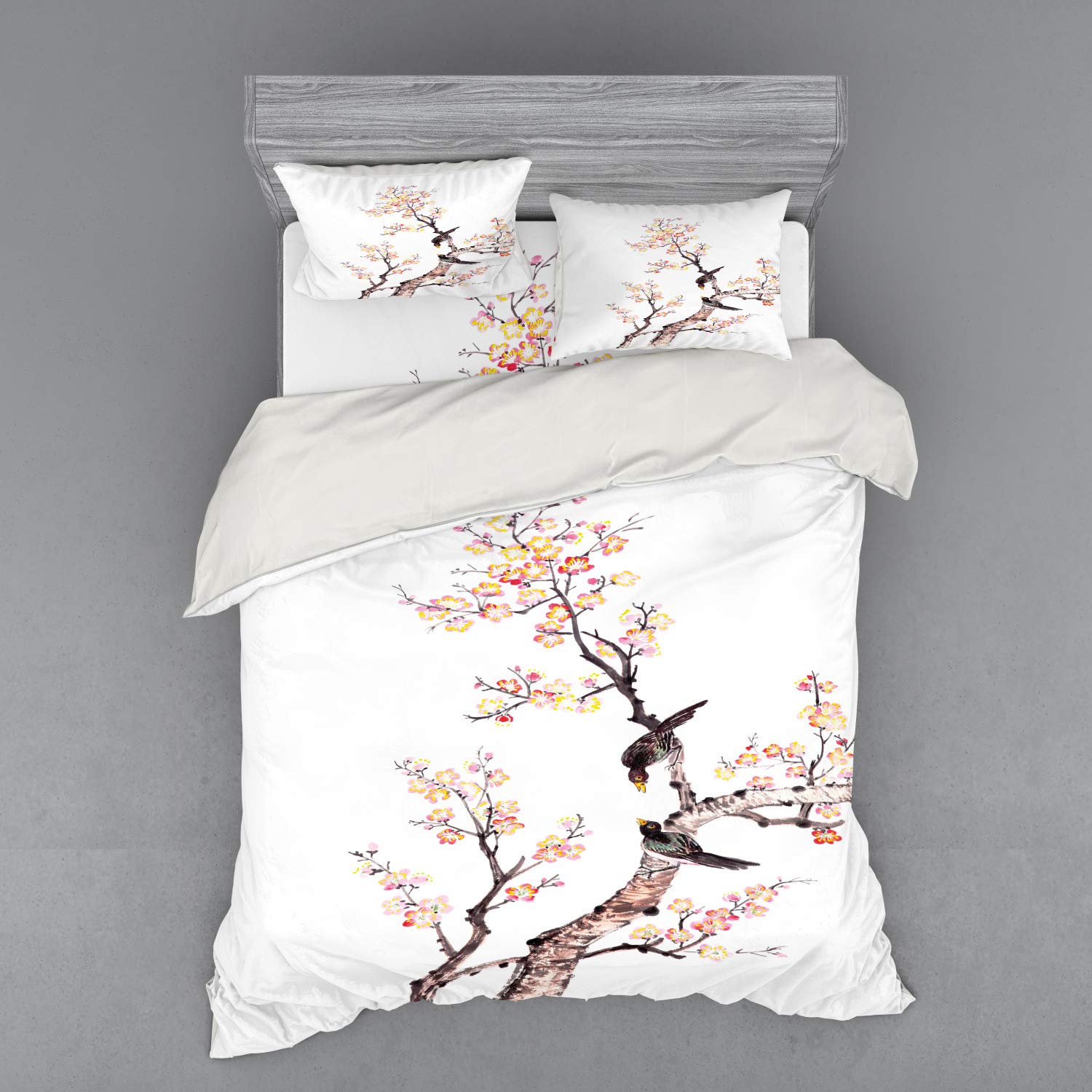 Ambesonne Chinese Floral Plum Blossom Bird Print 4-Piece Queen Bedding Set - Duvet Cover, Shams & Fitted Sheet in Pale Yellow Brown | Traditional Asian Inspired Bedroom Decor for Home & Guest Room