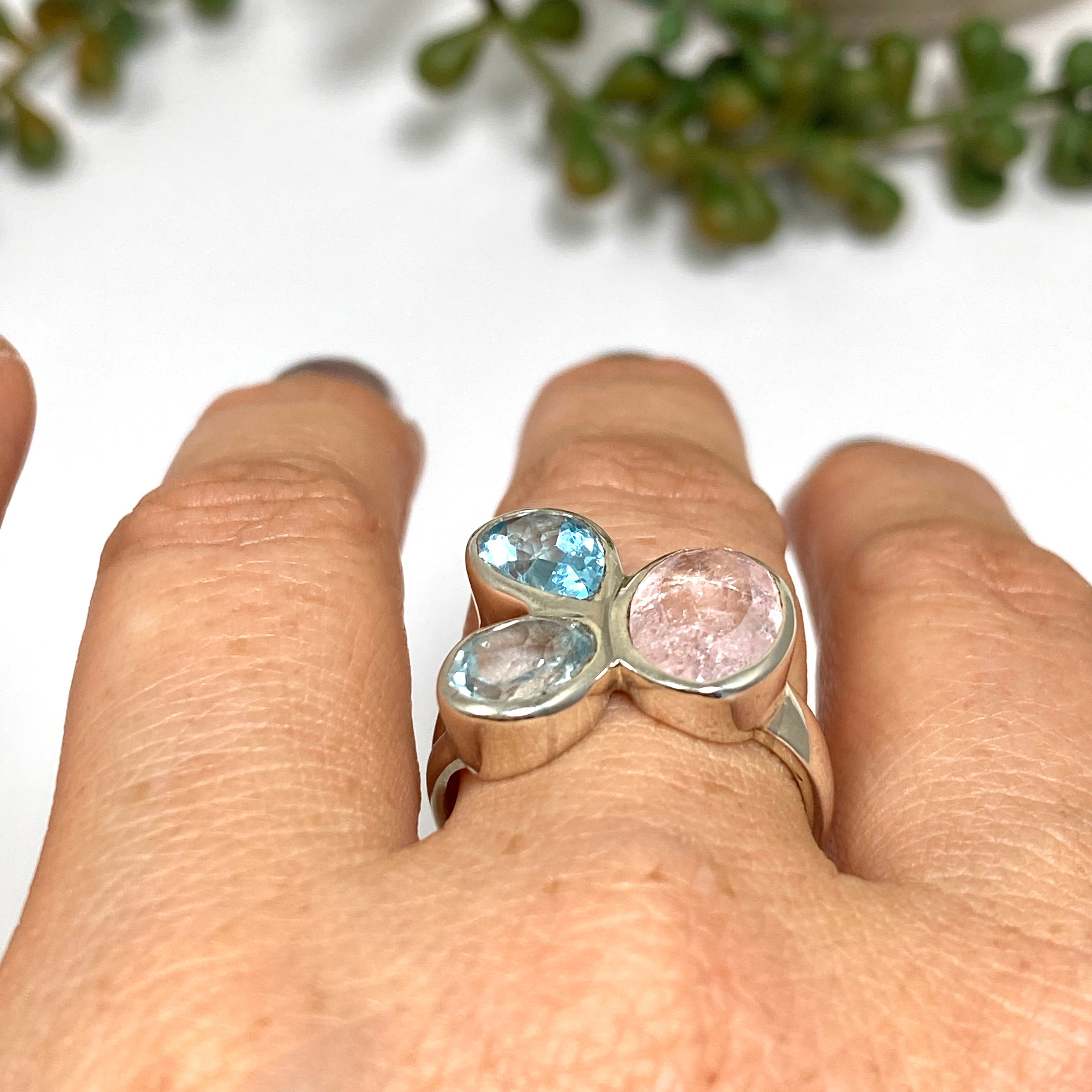 Morganite and Blue Topaz Multi-Stone Faceted Ring Size 8 - Elegant Birthstone Jewelry for Women, Perfect for Weddings, Anniversaries & Special Occasions