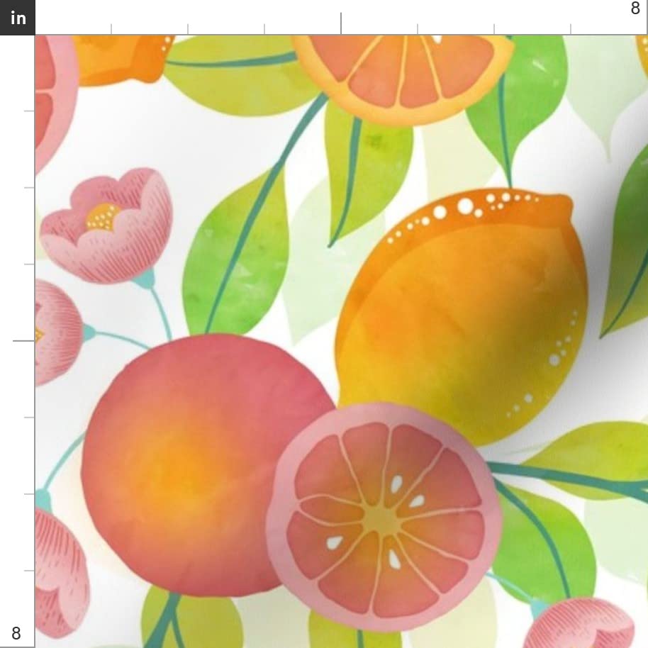 Citrus Fruit Printed Denim Fabric by The Yard - Grapefruit, Oranges & Lemons Design in Yellow, Pink & Green - Bottomweight for Apparel, Home Decor & Upholstery | Perfect for Summer Dresses, Curtains & DIY Crafts