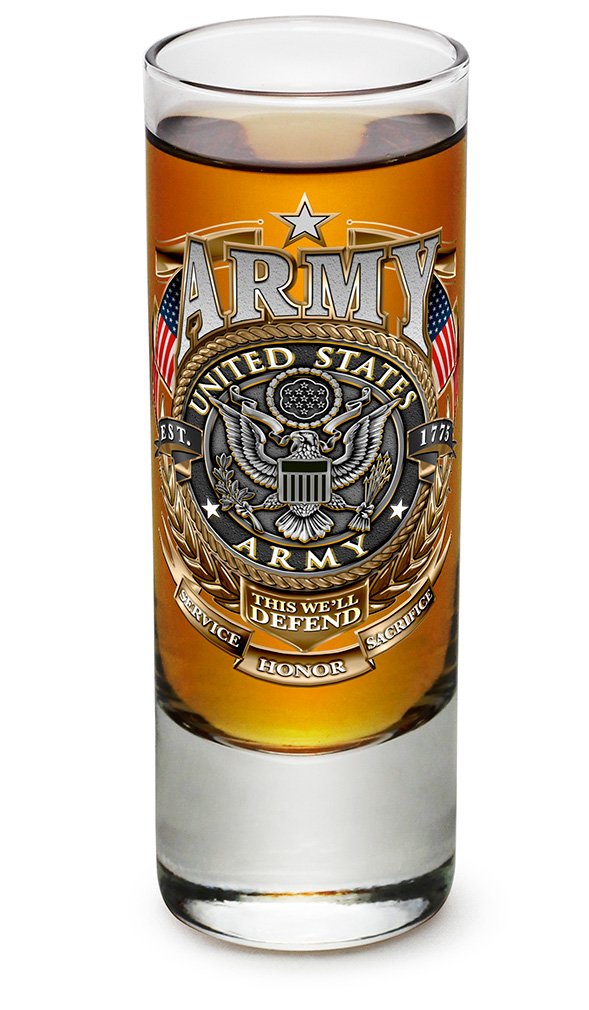 Erazor Bits Armed Forces Army Men American Soldier Gold Shield Logo Shot Glass Set of 12 (2oz) - Perfect for Military Themed Parties, Gifts & Collectibles