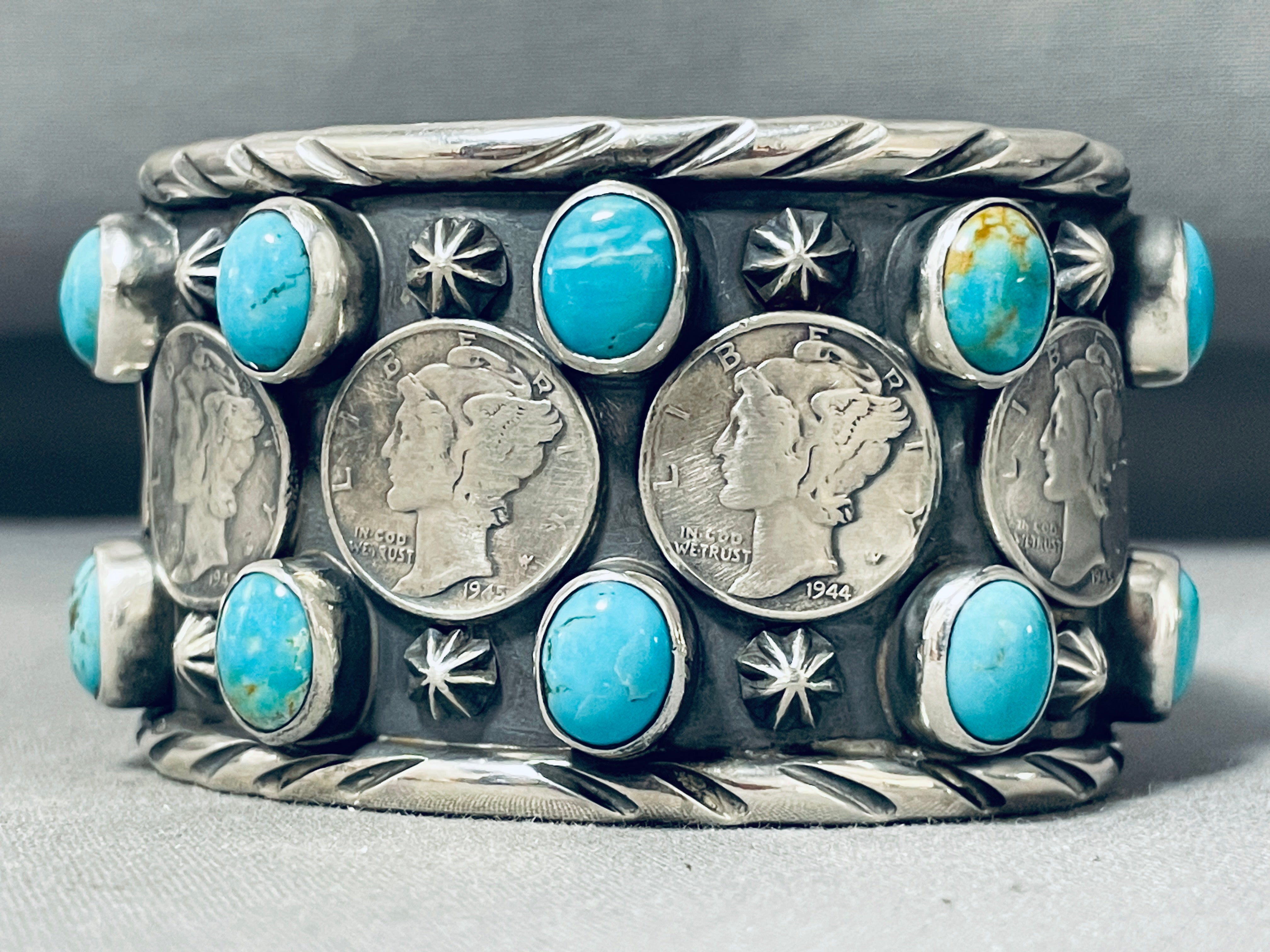 102 Gram Heavy San Felipe Turquoise Sterling Silver Coin Bracelet for Women - Handmade Southwest Native American Jewelry - Perfect for Boho Fashion, Gift Giving & Special Occasions