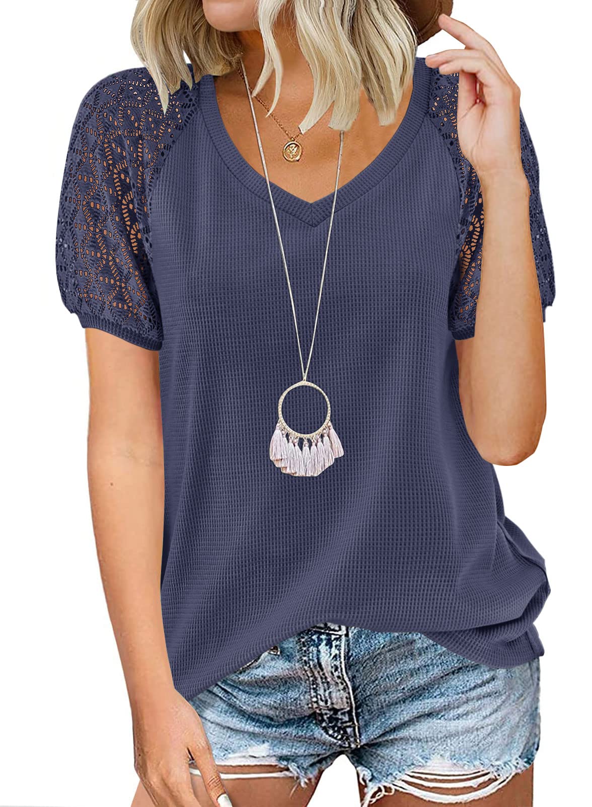 MEROKEETY Women's Summer Lace Short Sleeve V-Neck Blouse - Loose Casual Waffle Knit Top for Beach, Vacation & Everyday Wear