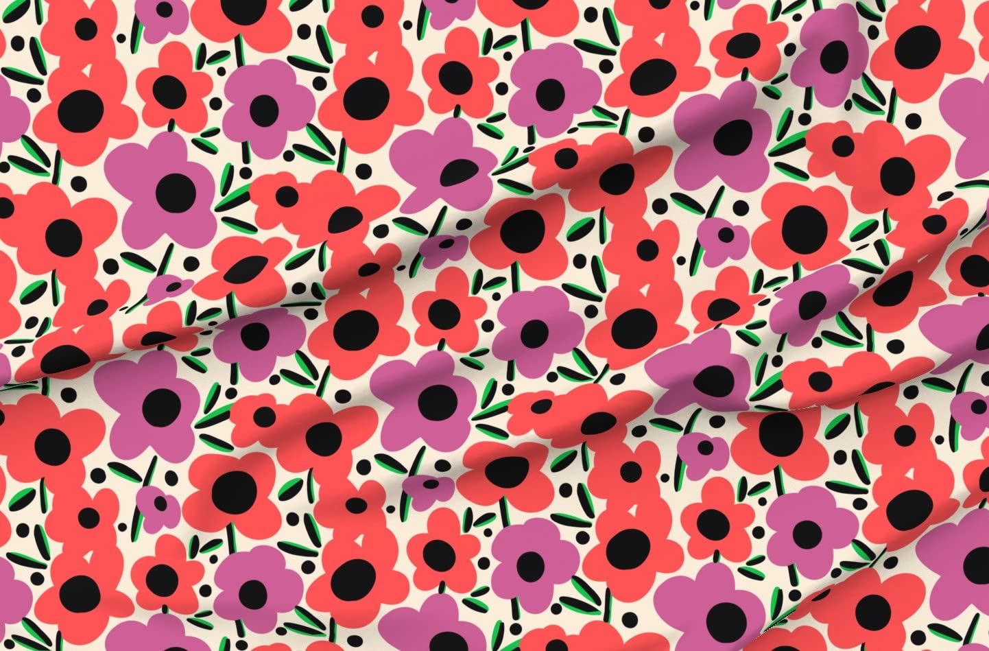 **Bold Garden Floral Printed Minky Fabric by The Yard - Black Red Retro Purple Modern Design for Sewing Baby Blankets, Quilt Backing & Plush Toys | Soft & Durable Material for DIY Crafts & Home Decor**
