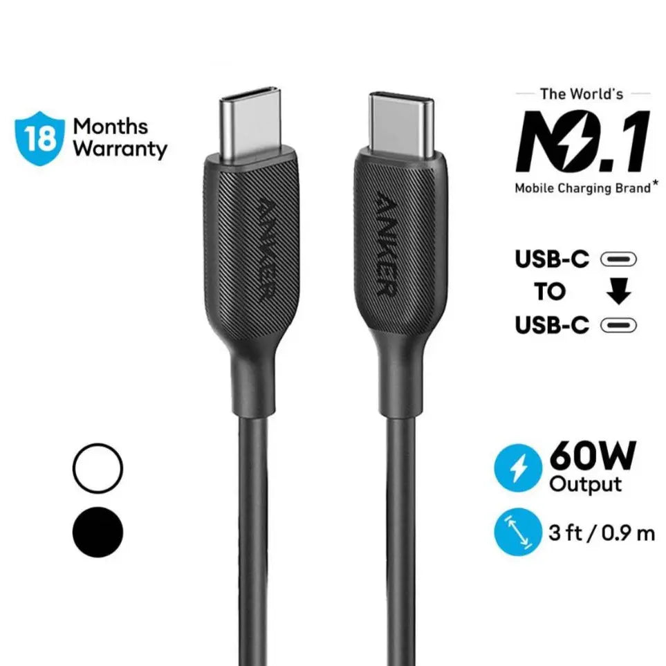 Anker PowerLine III USB-C to USB-C Fast Charging Cable (3ft/0.9m, 60W) - A8852 | Compatible with MacBook Pro, iPad Pro, Galaxy S23 & More | Perfect for Home, Office & Travel Charging