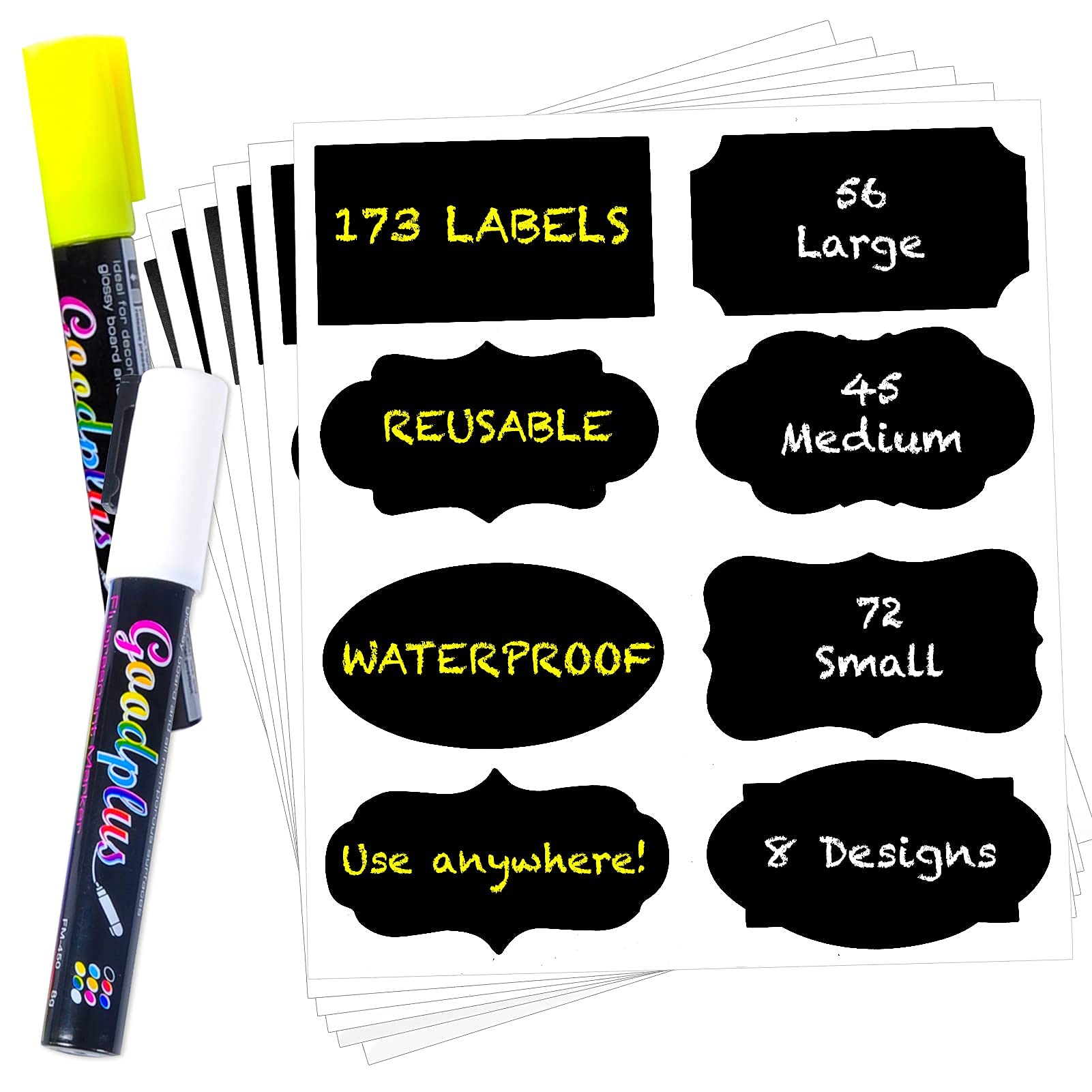 173Pcs Black Chalkboard Label Stickers Kit with 2 Chalk Markers - Reusable Waterproof Removable Labels for Mason Jars, Pantry Containers, Glass Bottles & Kitchen Spice Storage - Perfect for Home Organization & DIY Craft Projects