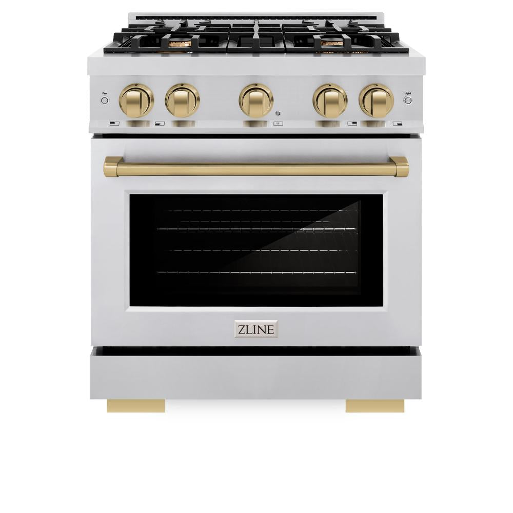 ZLINE Autograph Edition 30 Inch 4.2 Cu Ft Gas Range with 4 Burner Cooktop & Convection Oven - Stainless Steel with Champagne Bronze Accents (HGRZ 30 CB) - Perfect for Modern Kitchens & Professional Style Cooking