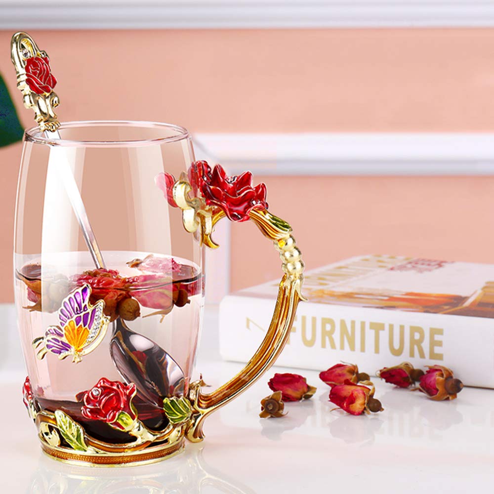 Kaiyuan Dynasty 12oz Glass Coffee Mug with Enamel Rose & Butterfly Design - Includes Spoon - Perfect for Tea, Coffee, or Hot Chocolate - Ideal for Birthday, Wedding Gifts & Home Decor