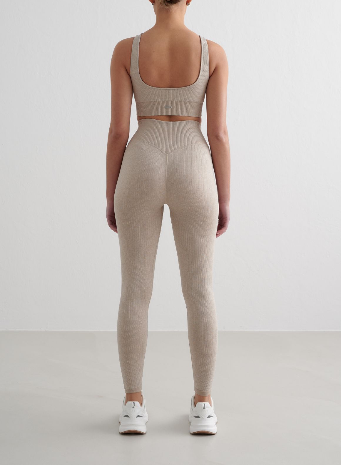 Beige Melange Ribbed Seamless Tights for Women - High Waist Comfortable Yoga Pants, Workout Leggings & Everyday Wear