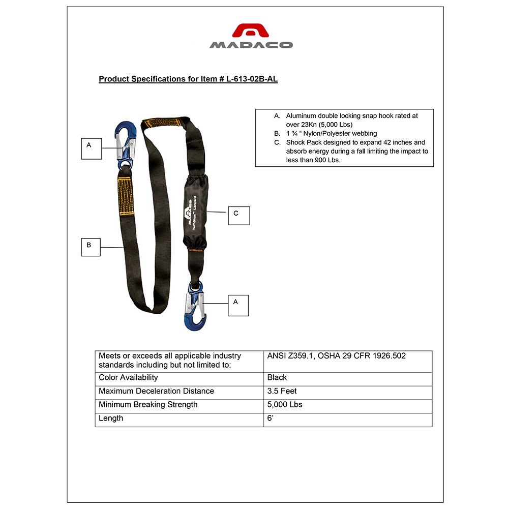 Madaco 6FT Heavy Duty Industrial Safety Lanyard with Snap Hook - ANSI OSHA L-613-02B-AL Certified Fall Protection for Roof Construction | Shock Absorbing Pack for Construction Workers & Roofers