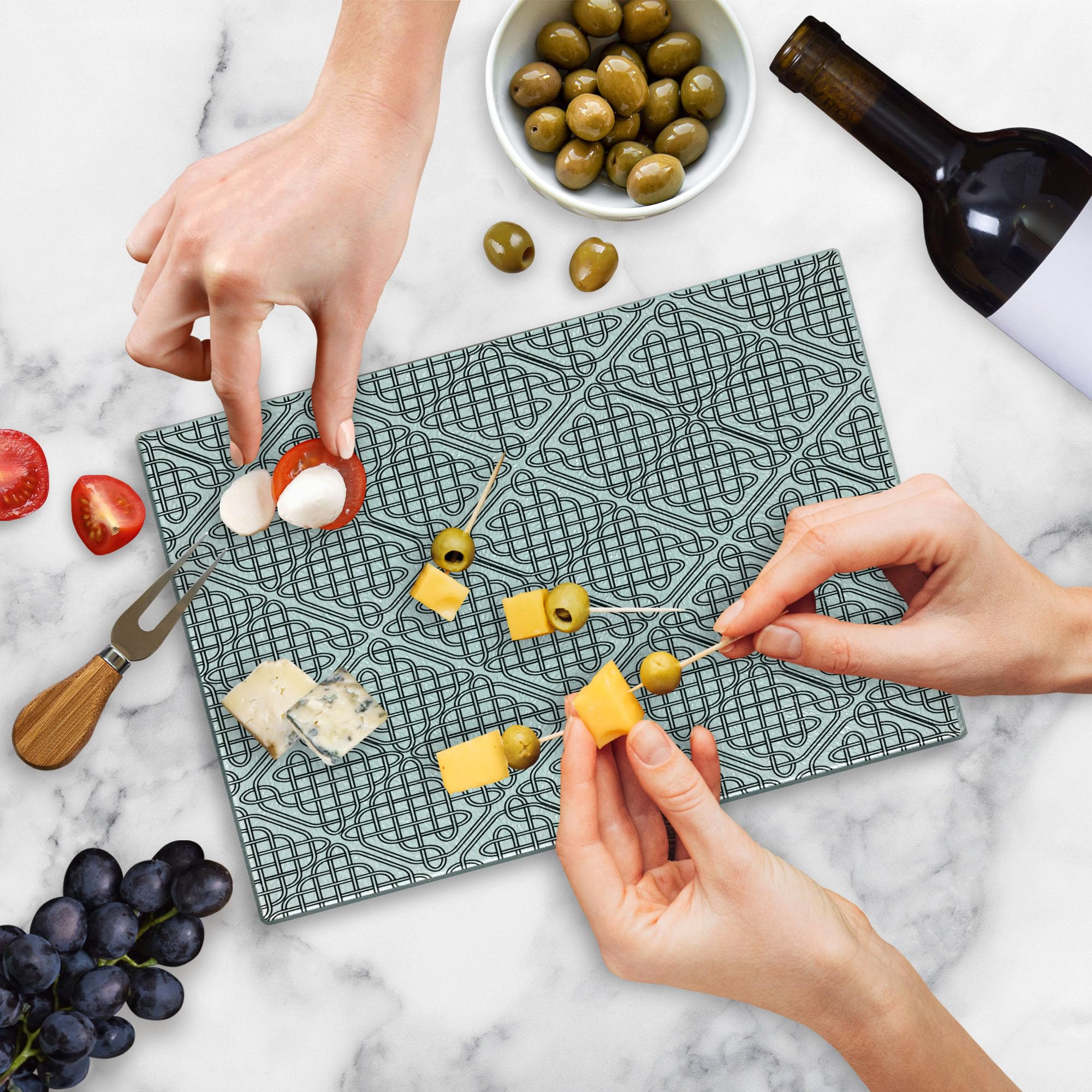 Ambesonne Celtic Cutting Board - Medieval Irish Striped Square Design, Old-Fashioned Artsy Print Tempered Glass Serving Board - Small Size Black & White - Perfect for Cheese Platters, Charcuterie & Kitchen Decor