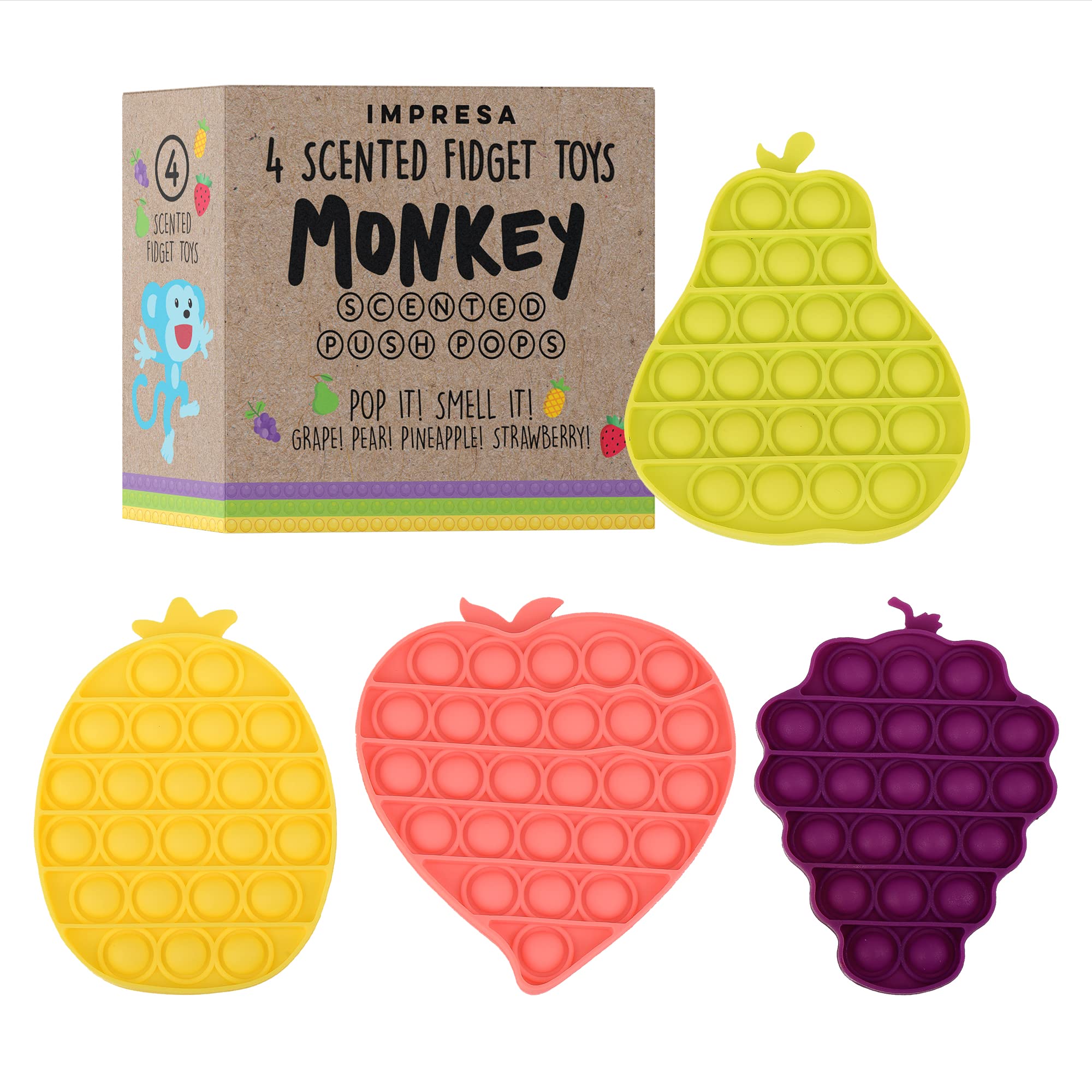 IMPRESA 4-Pack Fruit-Scented Monkey Push Pop Sensory Fidget Toys for Kids & Adults - Anxiety Relief & Focus Improvement - Bubble Popper Sensory Toy for Stress Relief at Home, School or Office
