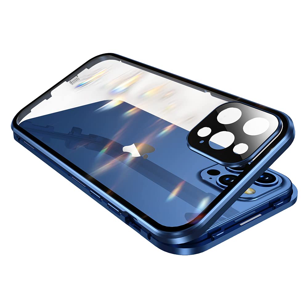Premium iPhone 13 Case with Safety Lock & Strong Magnetic Adsorption - 360° Full Body Protection, Metal Bumper & Double-Sided Tempered Glass Camera Lens Protector (Blue) | Perfect for Outdoor Adventures, Work & Daily Use
