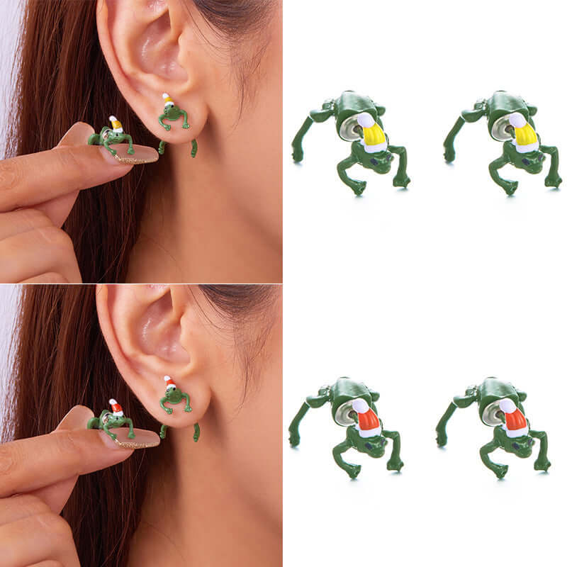 Quirky Frog Christmas Ear Jacket Front Back Earrings | Holiday Party Jewelry Gift for Women | Perfect for Christmas Celebrations & Festive Outfits