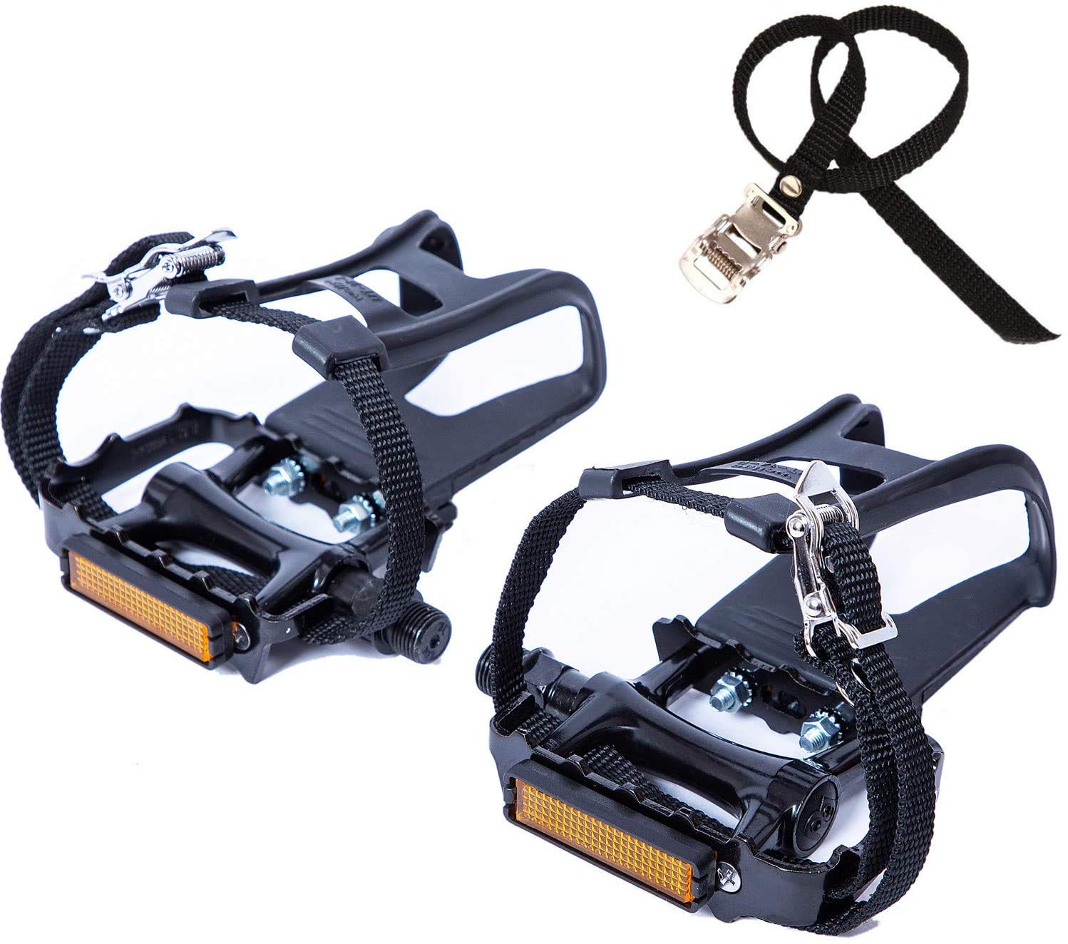 UFANME Bike Pedals - 9/16-Inch Spindle Resin/Alloy Bicycle Pedals with Toe Clips & Straps for Outdoor Cycling, Indoor Spin Bikes & Fitness Training | Durable Multi-Purpose Pedals for Road Bikes, Stationary Bikes & Exercise Bikes